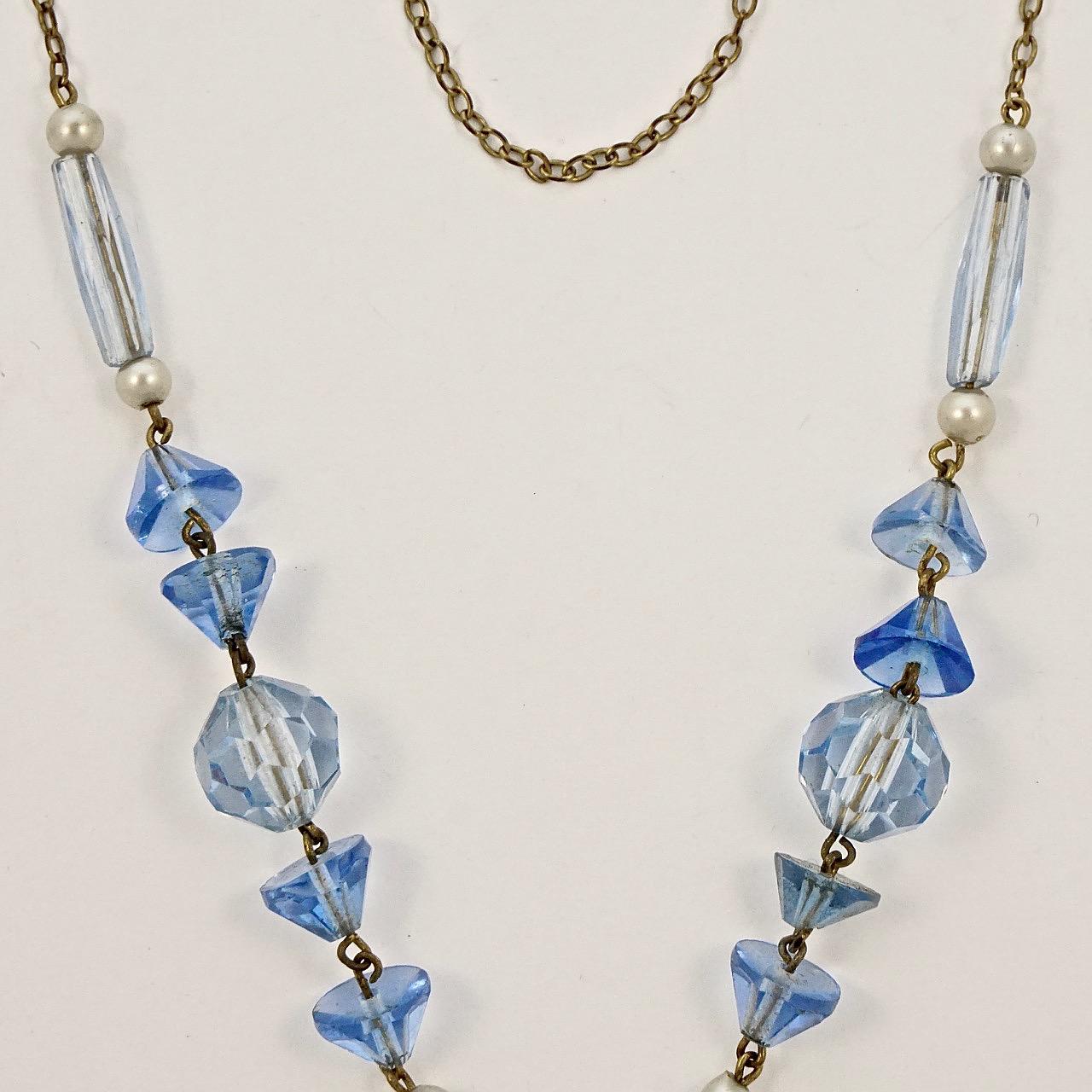 Women's or Men's Art Deco Gold Tone Blue Glass Faux Pearl Necklace with Drop Pendant For Sale