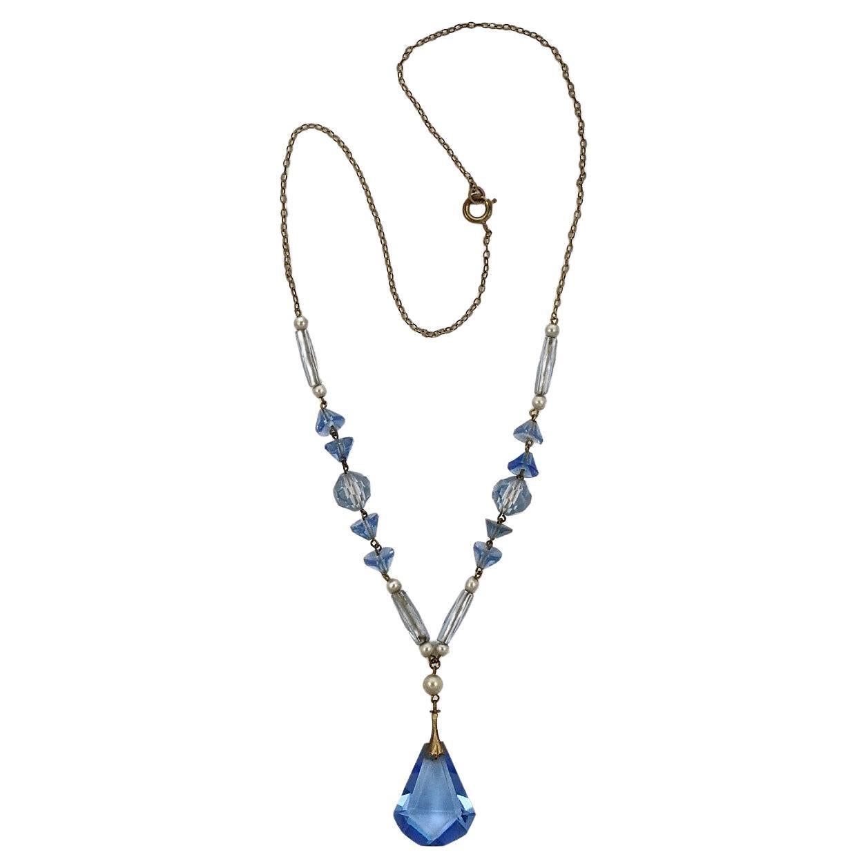 Art Deco Gold Tone Blue Glass Faux Pearl Necklace with Drop Pendant For Sale