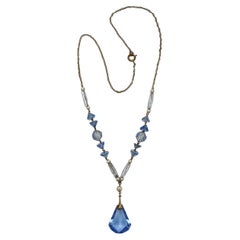 Art Deco Gold Tone Blue Glass Faux Pearl Necklace with Drop Pendant