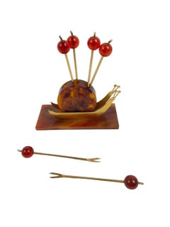 Art Deco Gold-Tone Metal and Faux Tortoiseshell Bakelite Snail Cocktail Pick Set