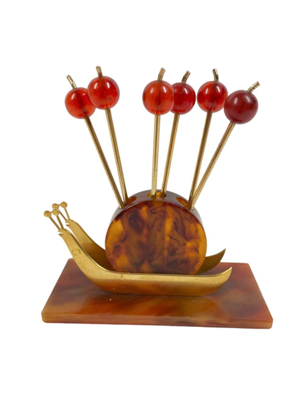 Art Deco Gold-Tone Metal and Faux Tortoiseshell Bakelite Snail Cocktail Pick Set In Good Condition In Chapel Hill, NC