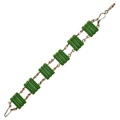 Art Deco Gold Tone Wire Bracelet with Green Glass Link Panels circa 1930s
