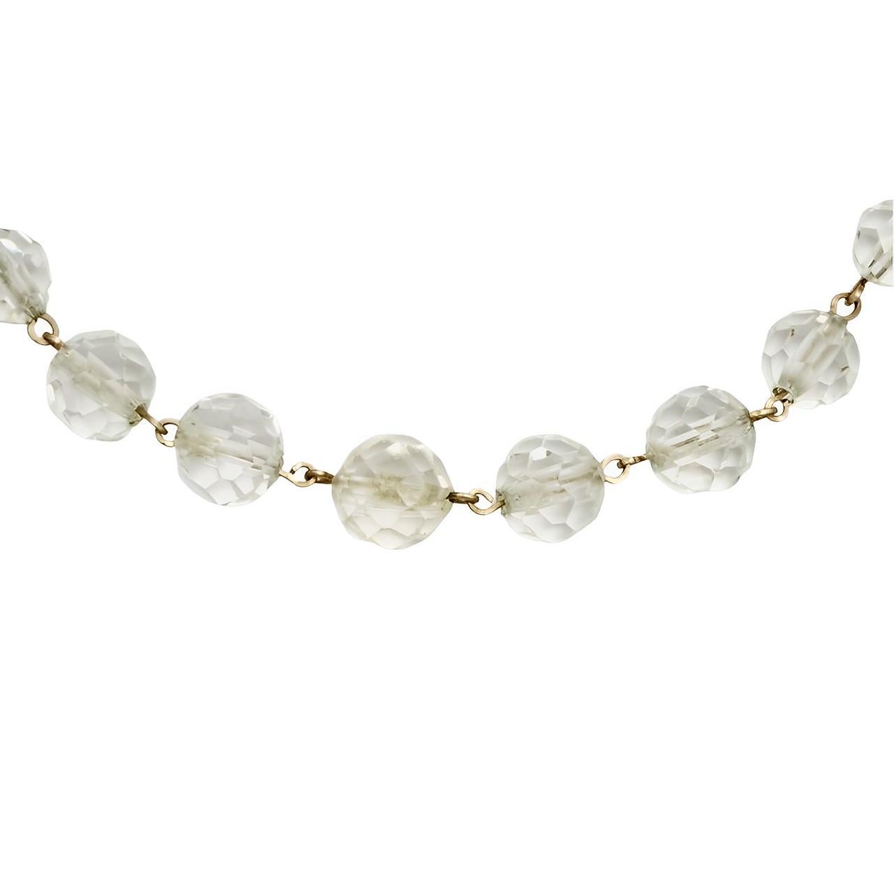 Taglio rotondo Collana in filo d'oro Art Deco con perle di cristallo sfaccettato chiaro, circa 1930 in vendita