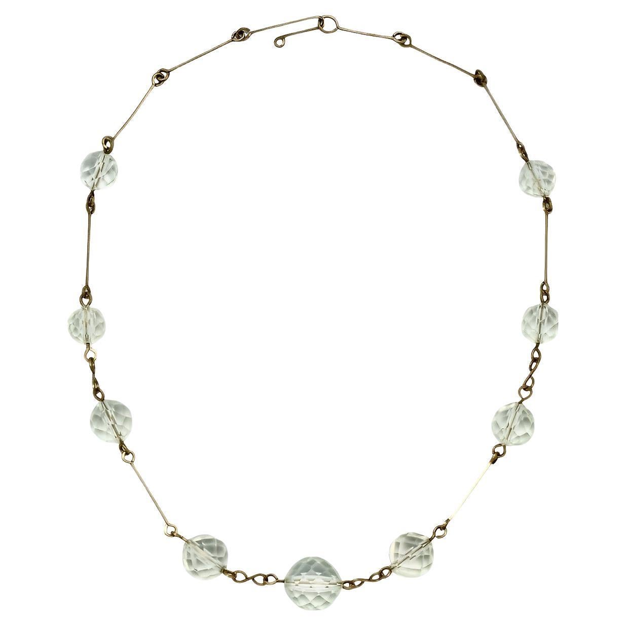 Art Deco Gold Tone Wire Necklace with Clear Faceted Crystal Beads circa 1930s