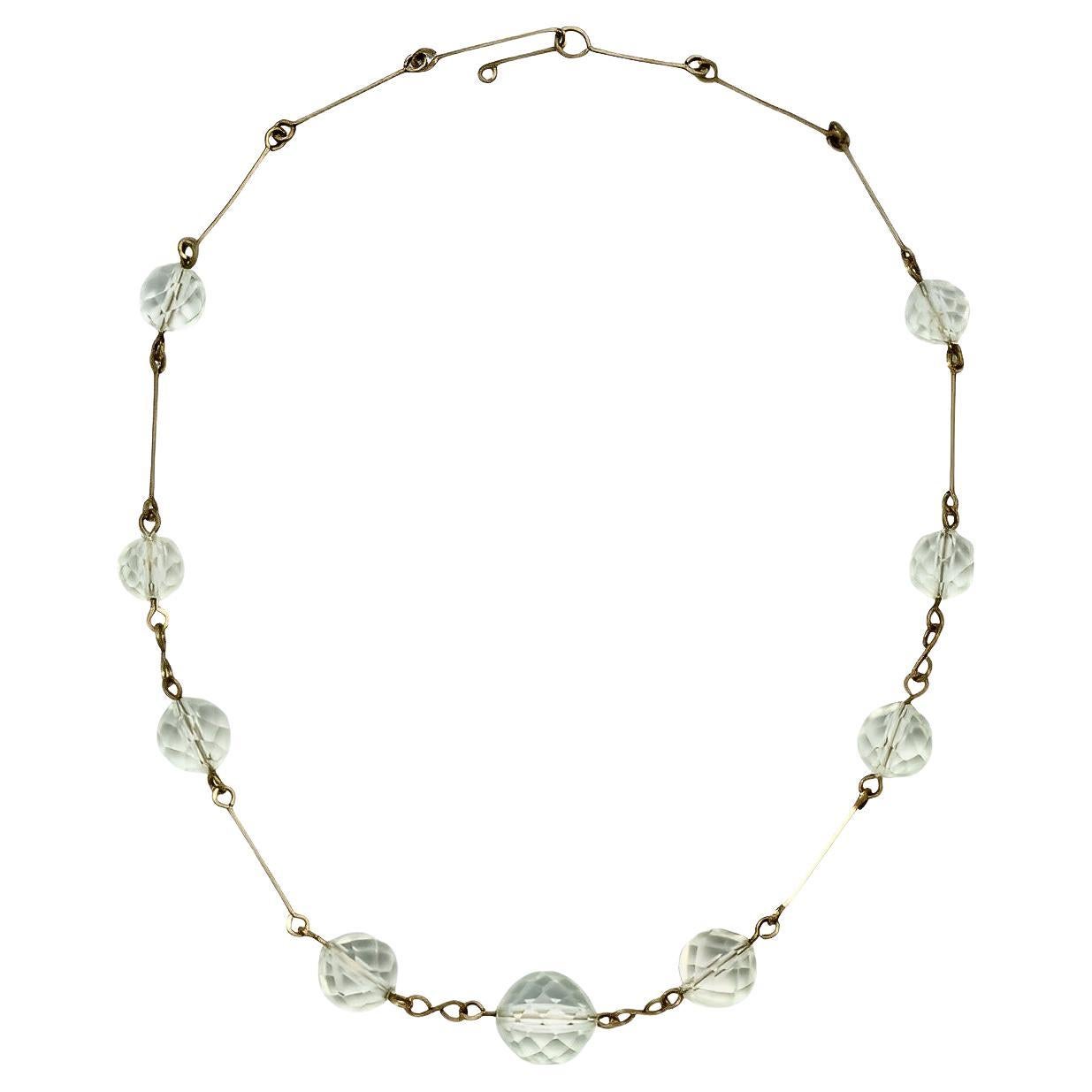 Art Deco Gold-Ton-Draht-Halskette mit neun facettierten Kristallperlen circa 1930er Jahre