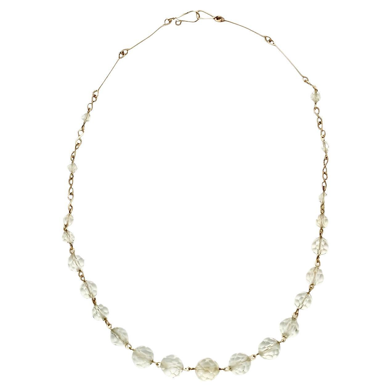 Art Deco Gold Tone Wire Necklace mit klaren facettierten Kristallperlen circa 1930s