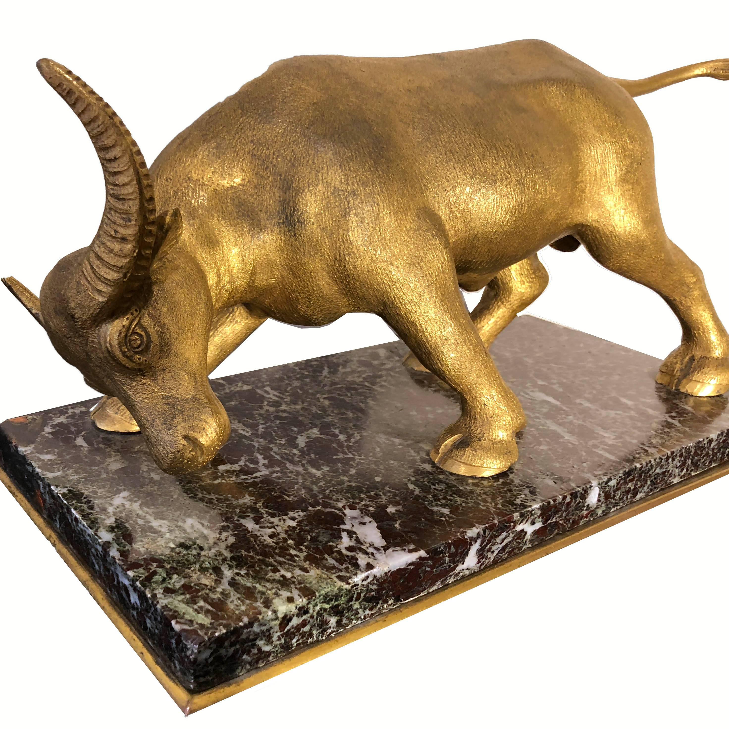 French Art Deco Golden Animal Bronze Sculpture on Green Marble Base