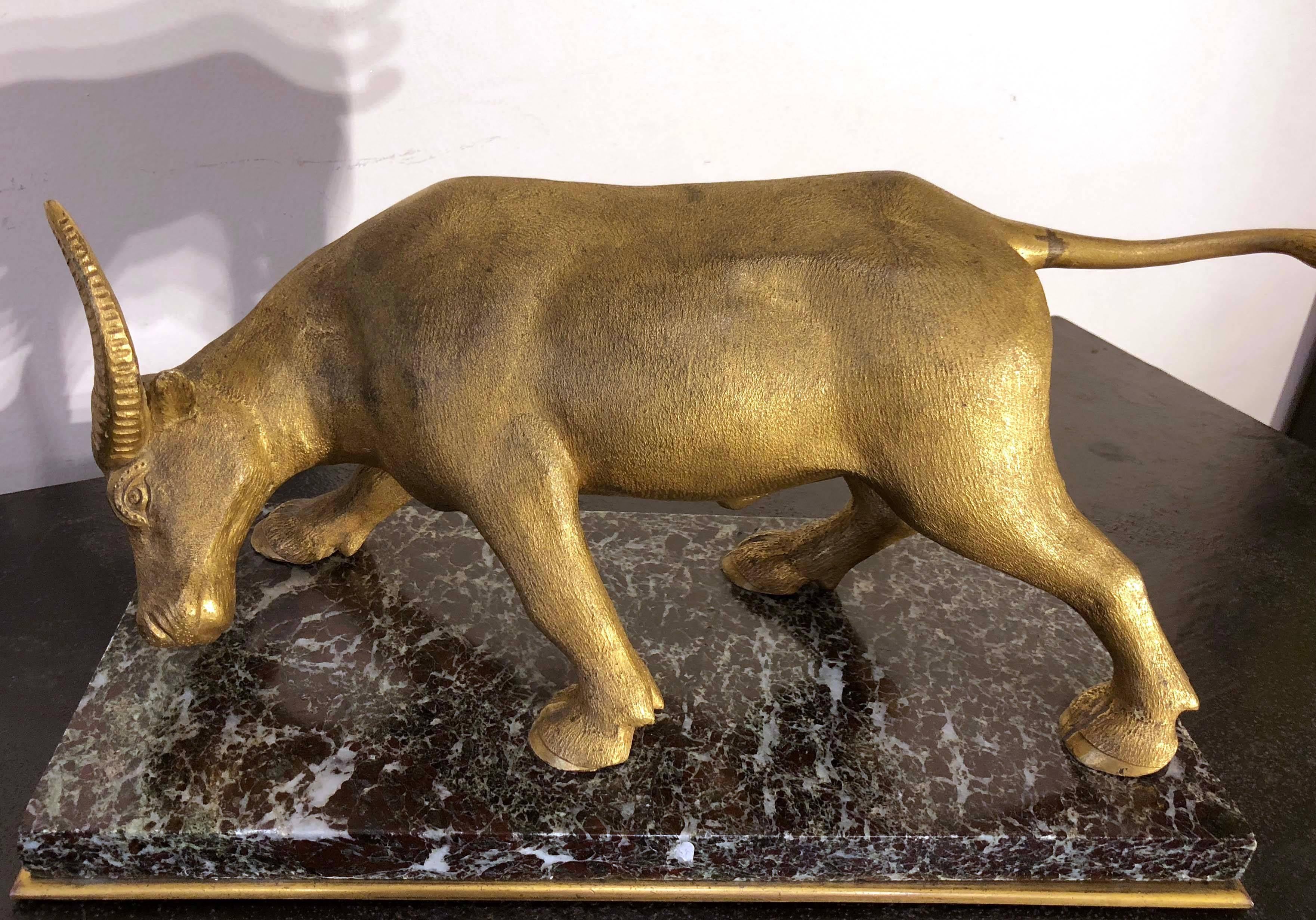 Mid-20th Century Art Deco Golden Animal Bronze Sculpture on Green Marble Base