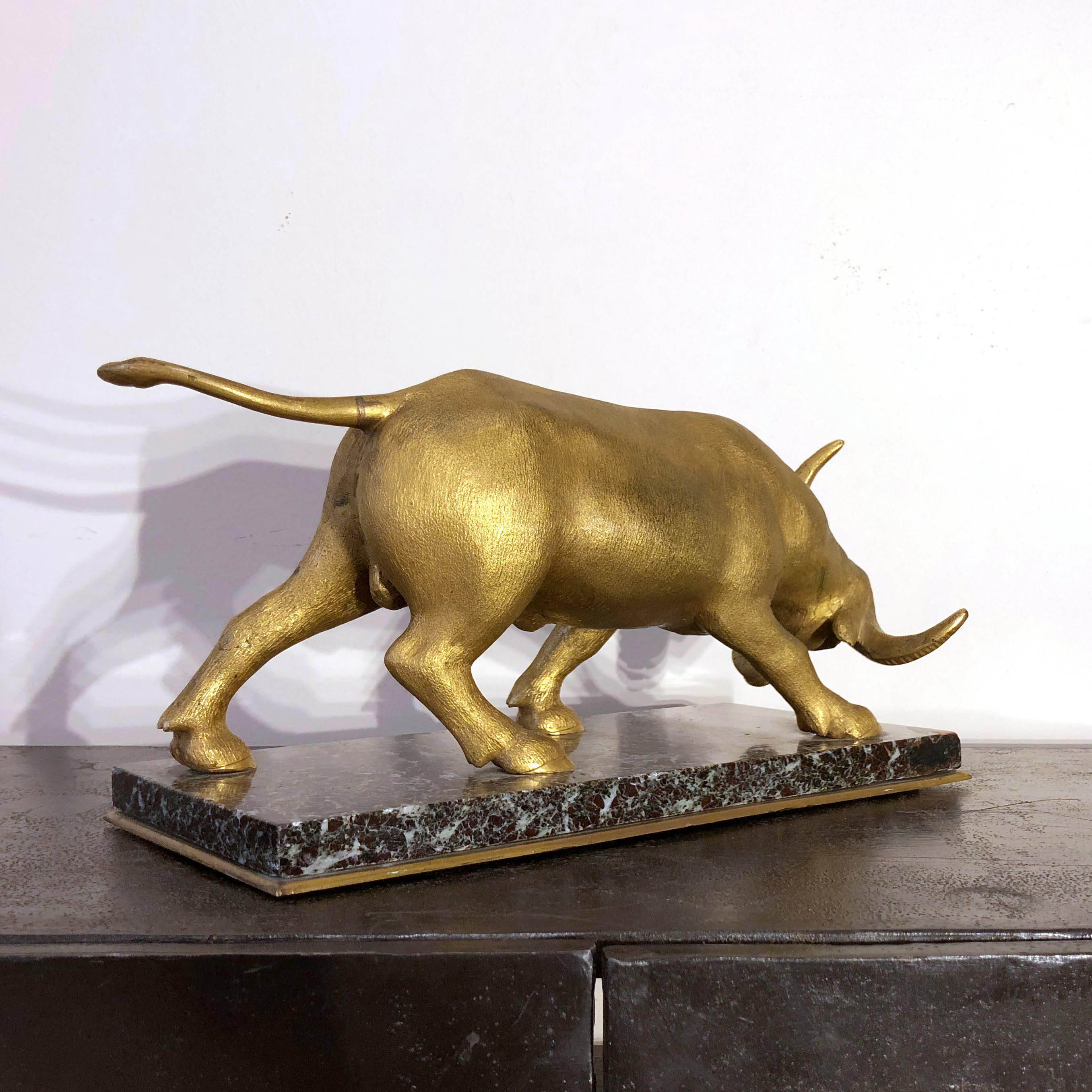 Art Deco Golden Animal Bronze Sculpture on Green Marble Base 2