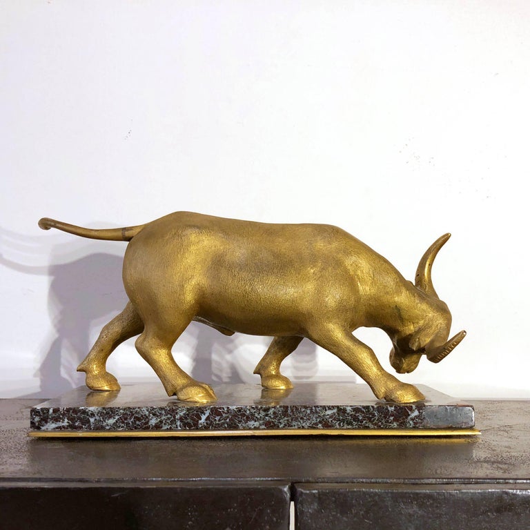 Art Deco Golden Animal Bronze Sculpture on Green Marble Base For Sale