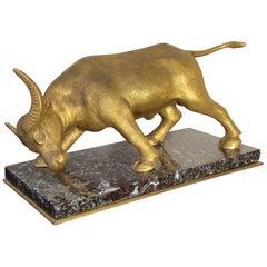 Art Deco Golden Animal Bronze Sculpture on Green Marble Base