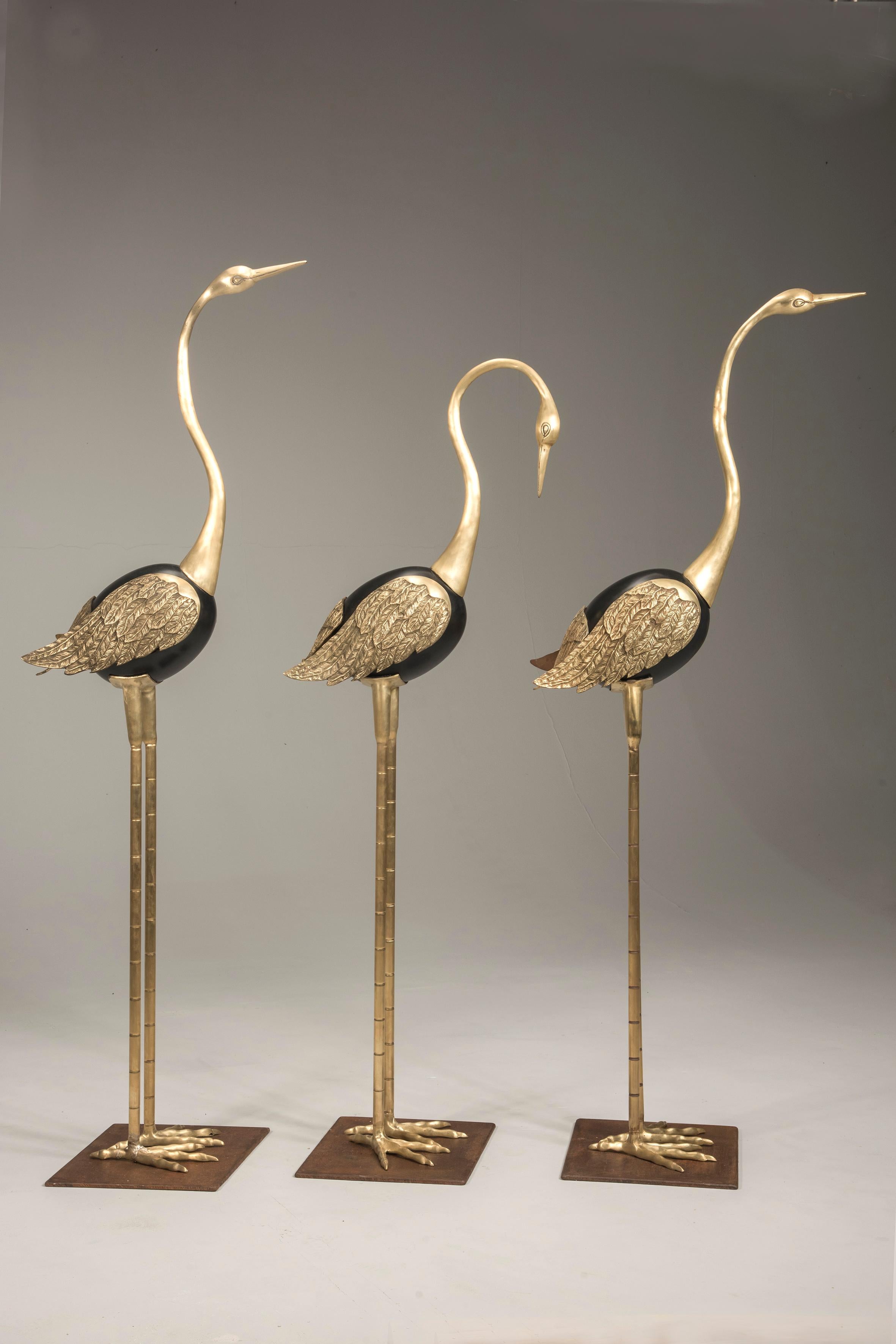 Italian Art Deco Golden Brass and Black Metal Flamingos, Italy, 1940s