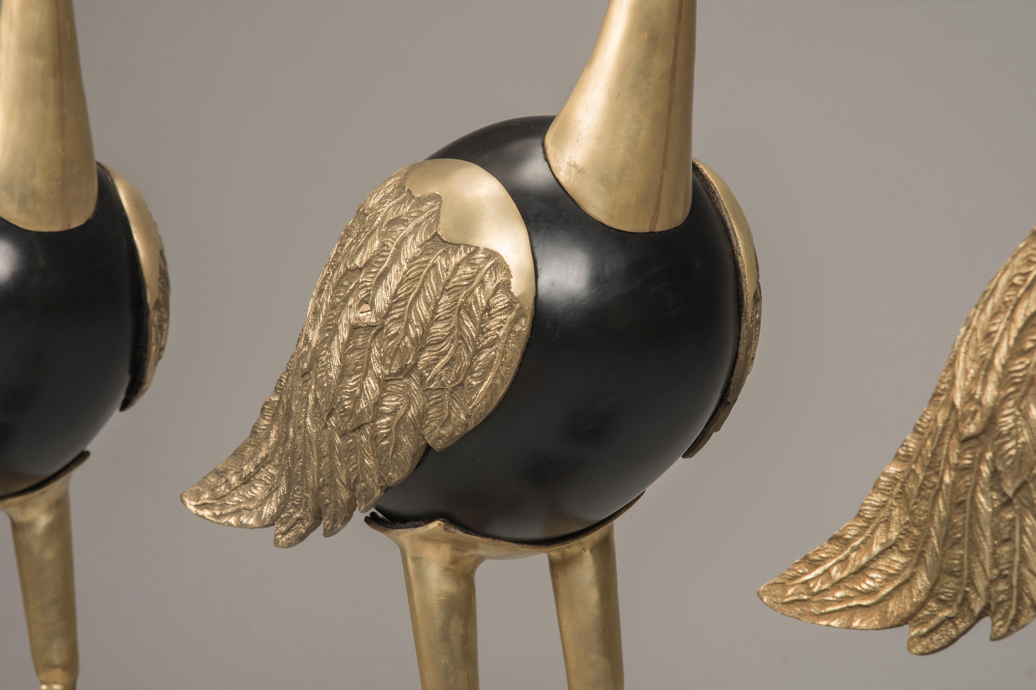 Art Deco Golden Brass and Black Metal Flamingos, Italy, 1940s 2
