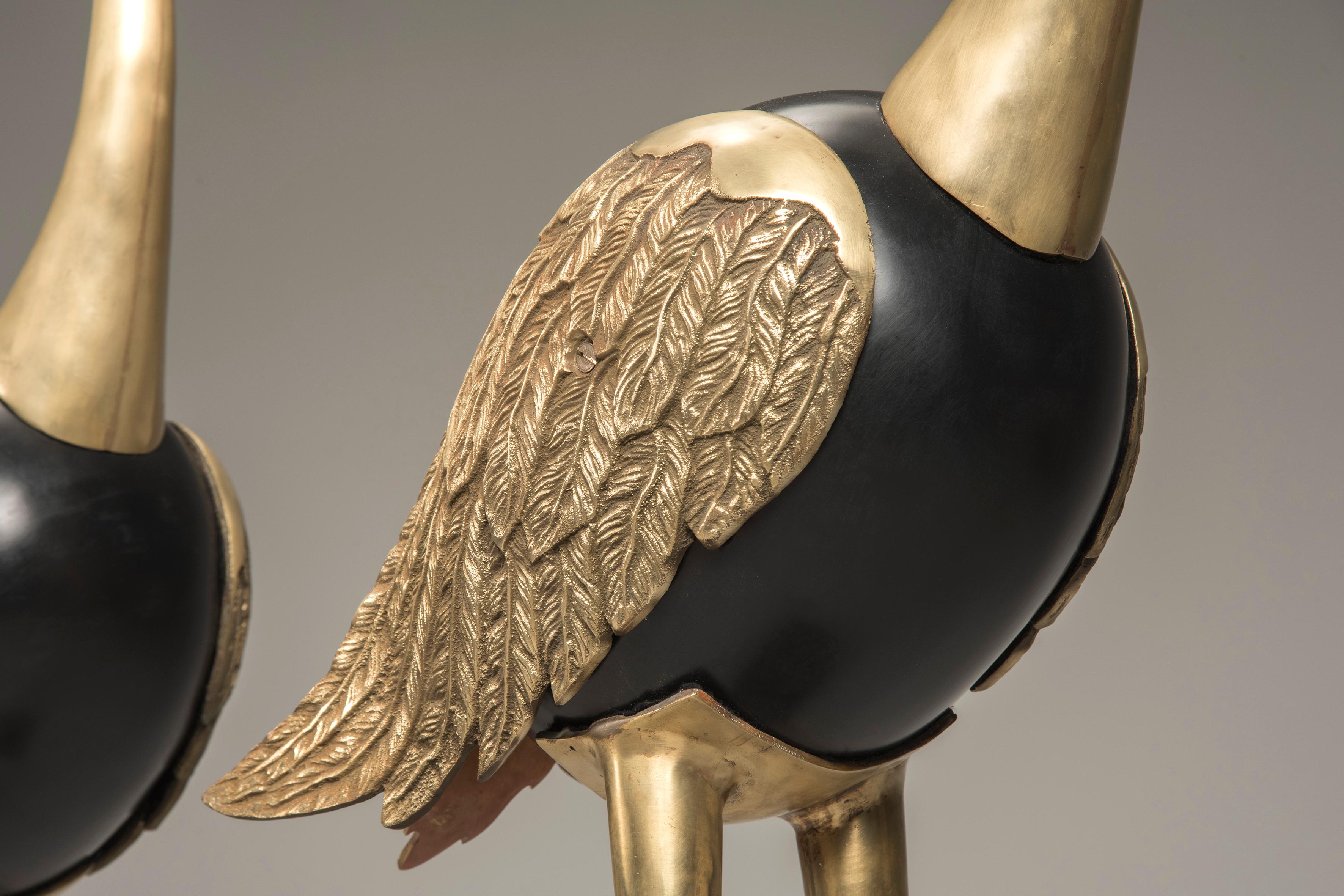 Art Deco Golden Brass and Black Metal Flamingos, Italy, 1940s 3