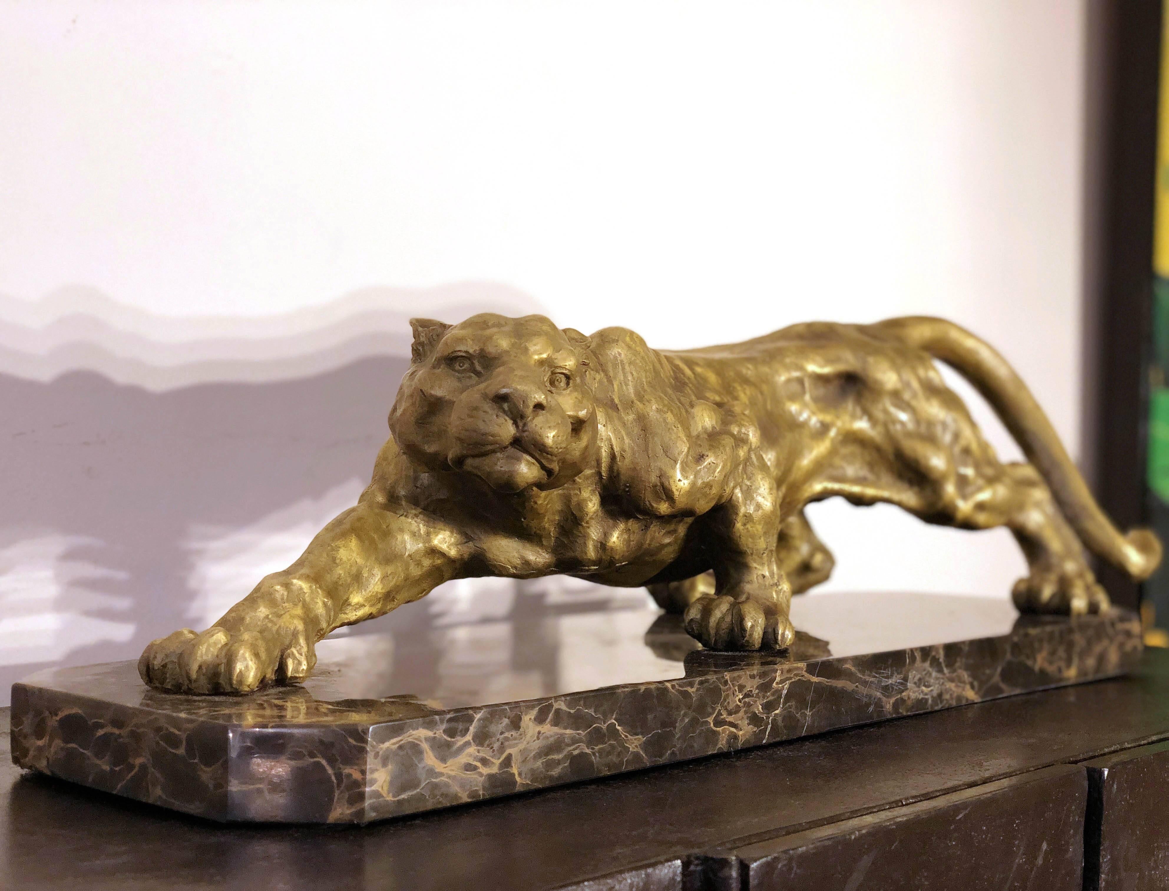 Art Deco Golden Bronze Panther Sculpture on Black and Gold Marble Base 3
