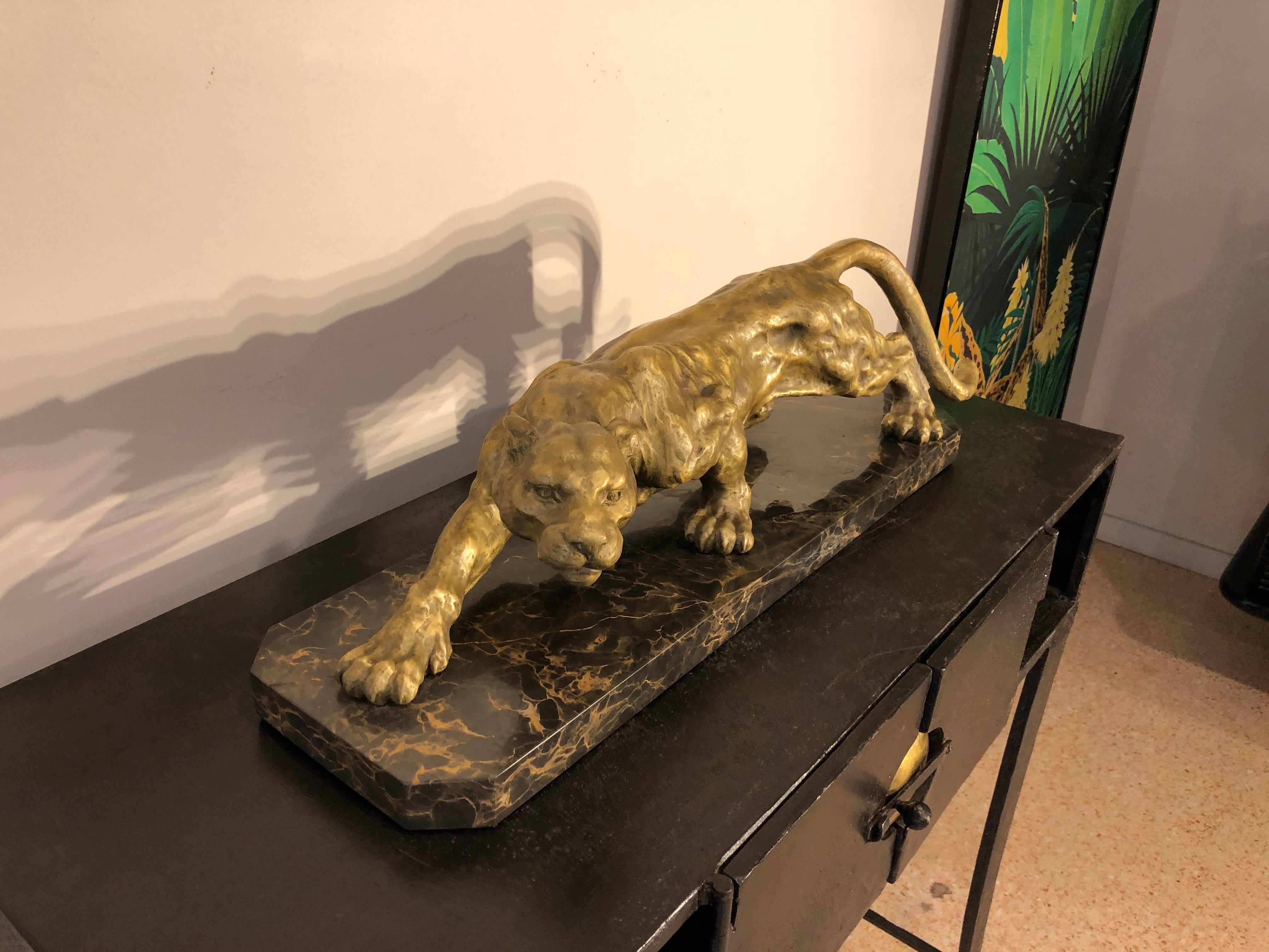 Art Deco Golden Bronze Panther Sculpture on Black and Gold Marble Base 4