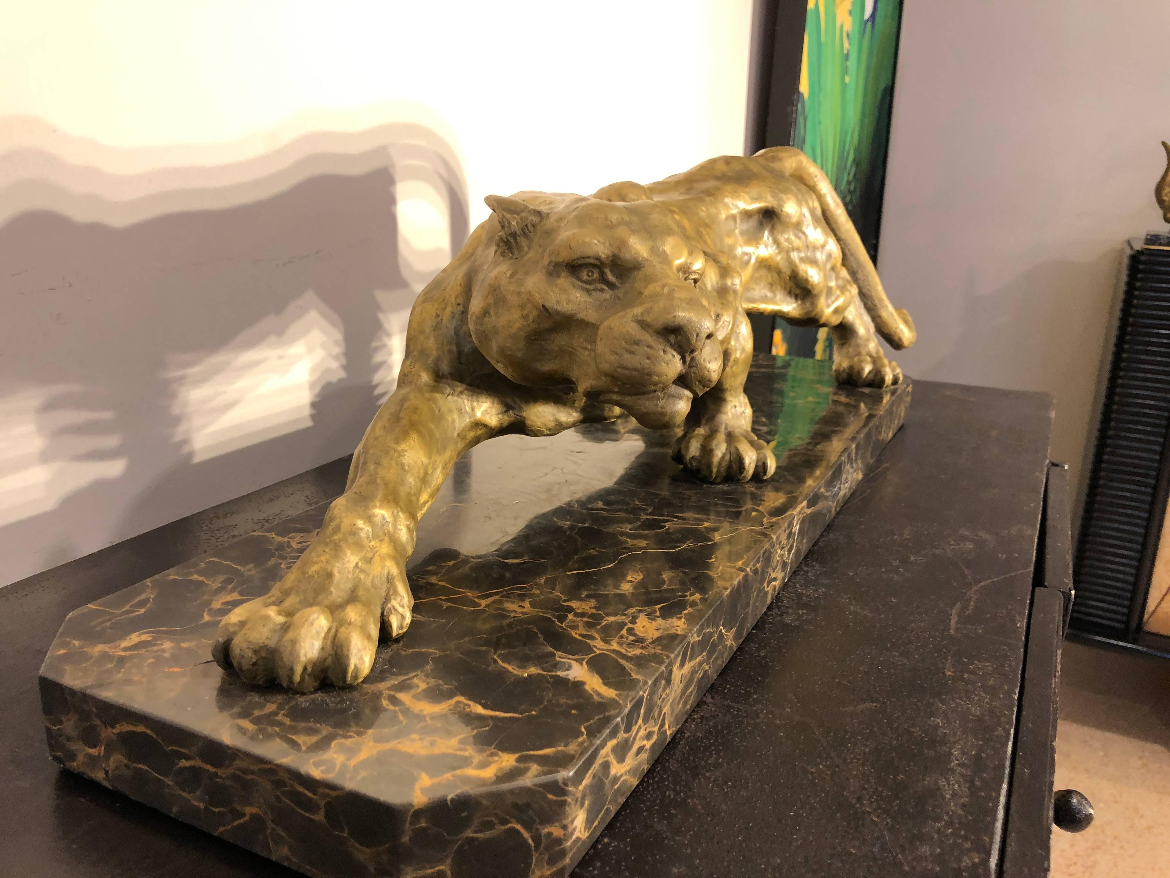 Art Deco Golden Bronze Panther Sculpture on Black and Gold Marble Base 5