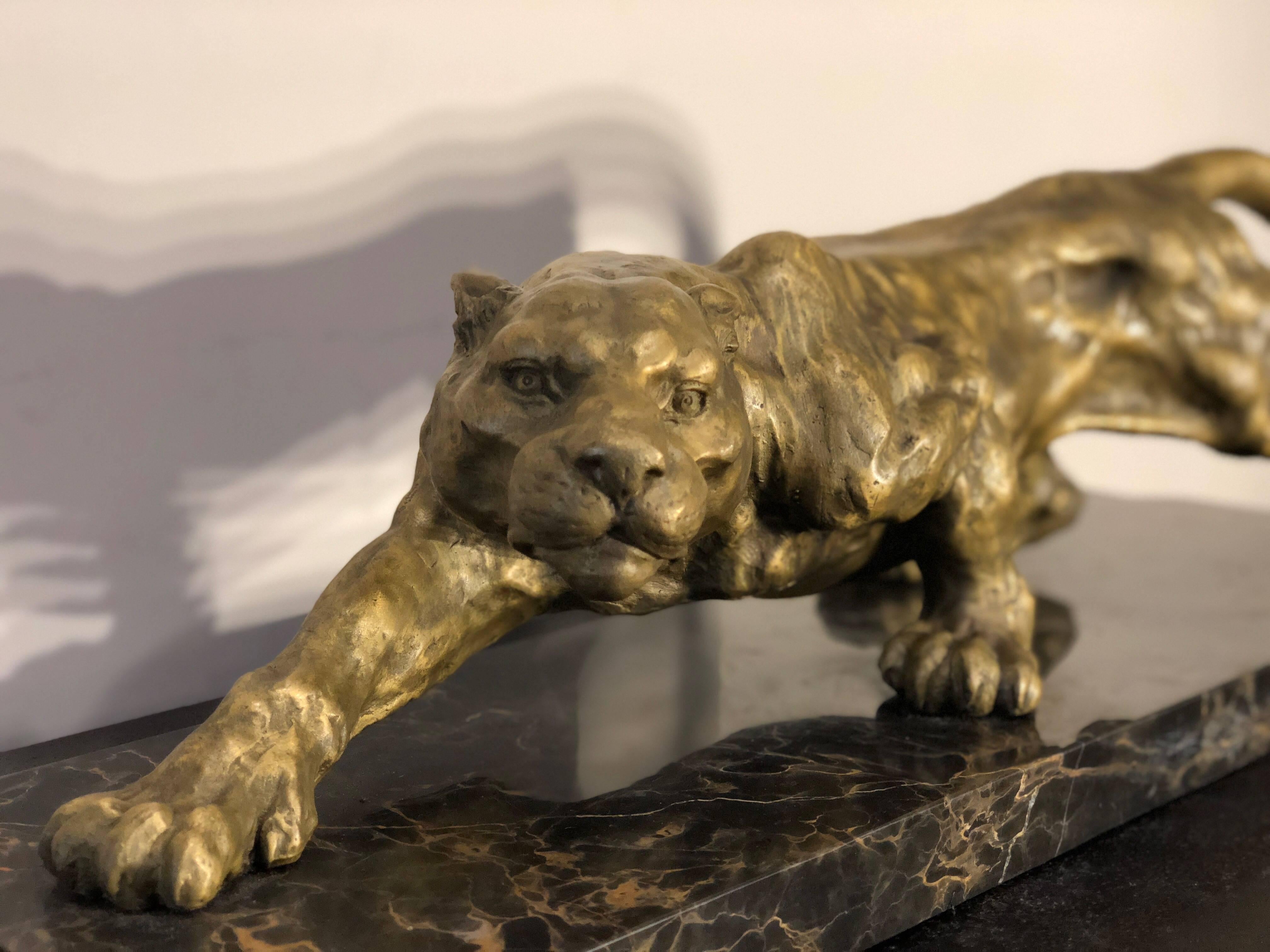 Art Deco Golden Bronze Panther Sculpture on Black and Gold Marble Base 7