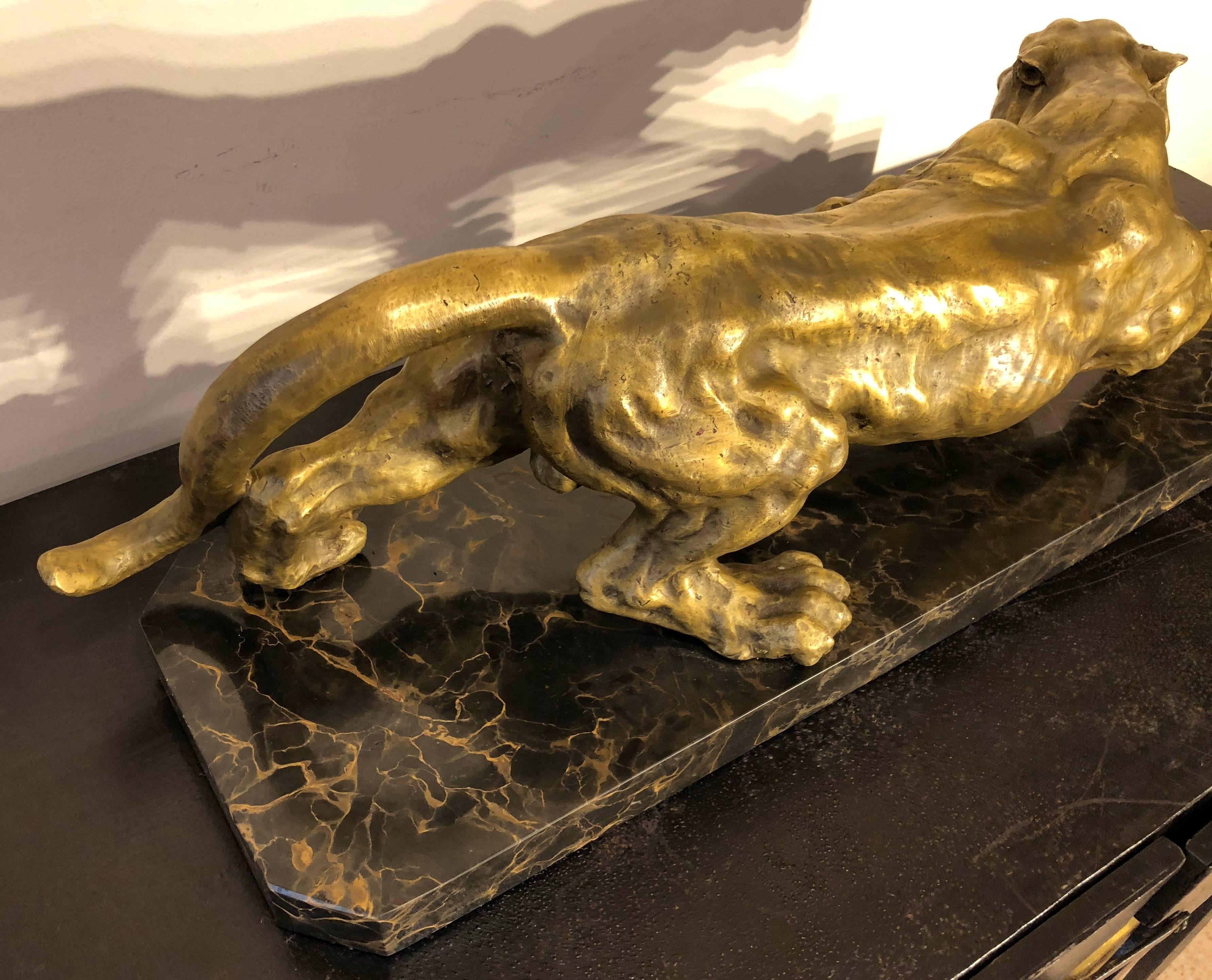 French Art Deco Golden Bronze Panther Sculpture on Black and Gold Marble Base