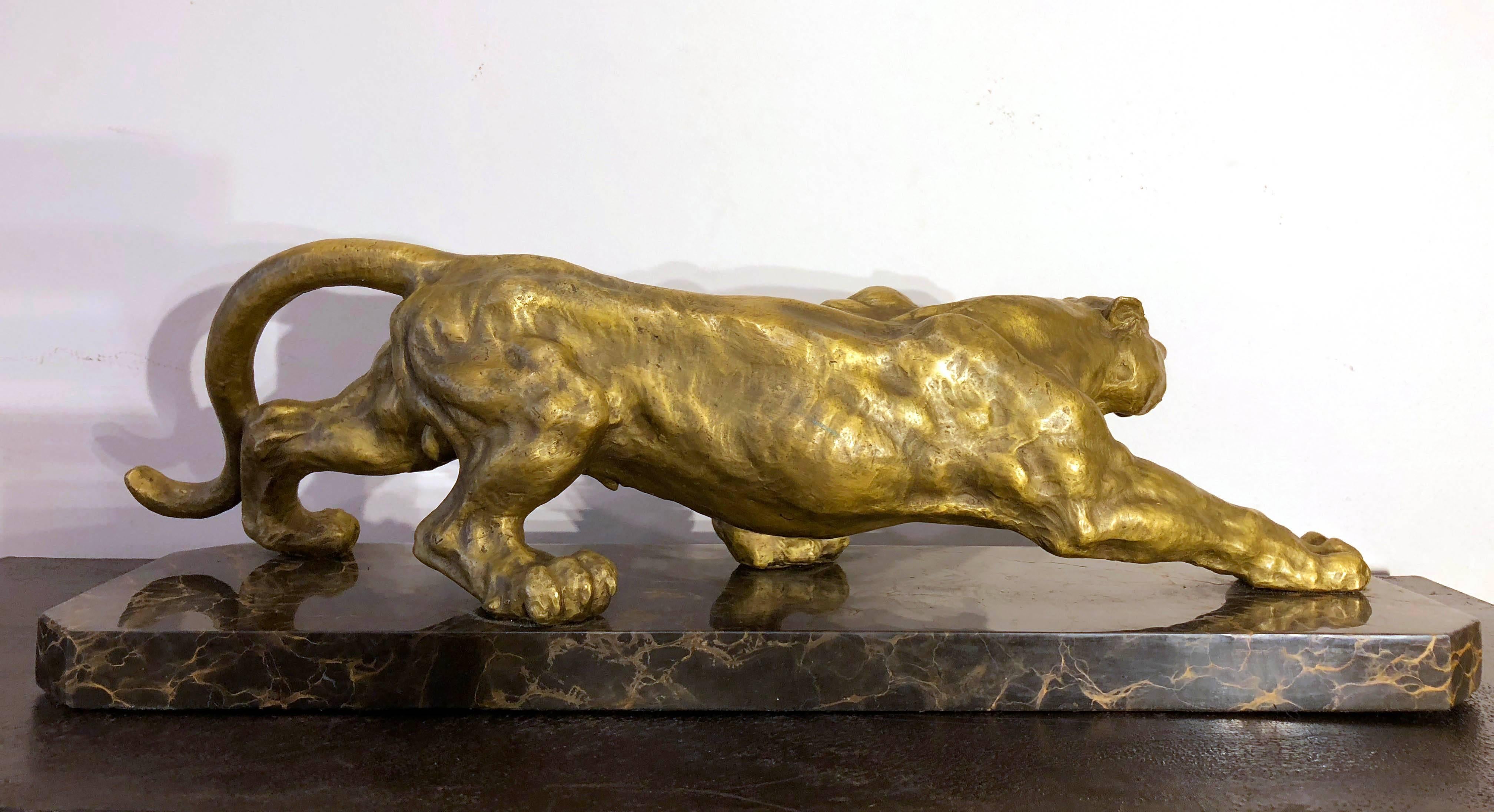 Mid-20th Century Art Deco Golden Bronze Panther Sculpture on Black and Gold Marble Base