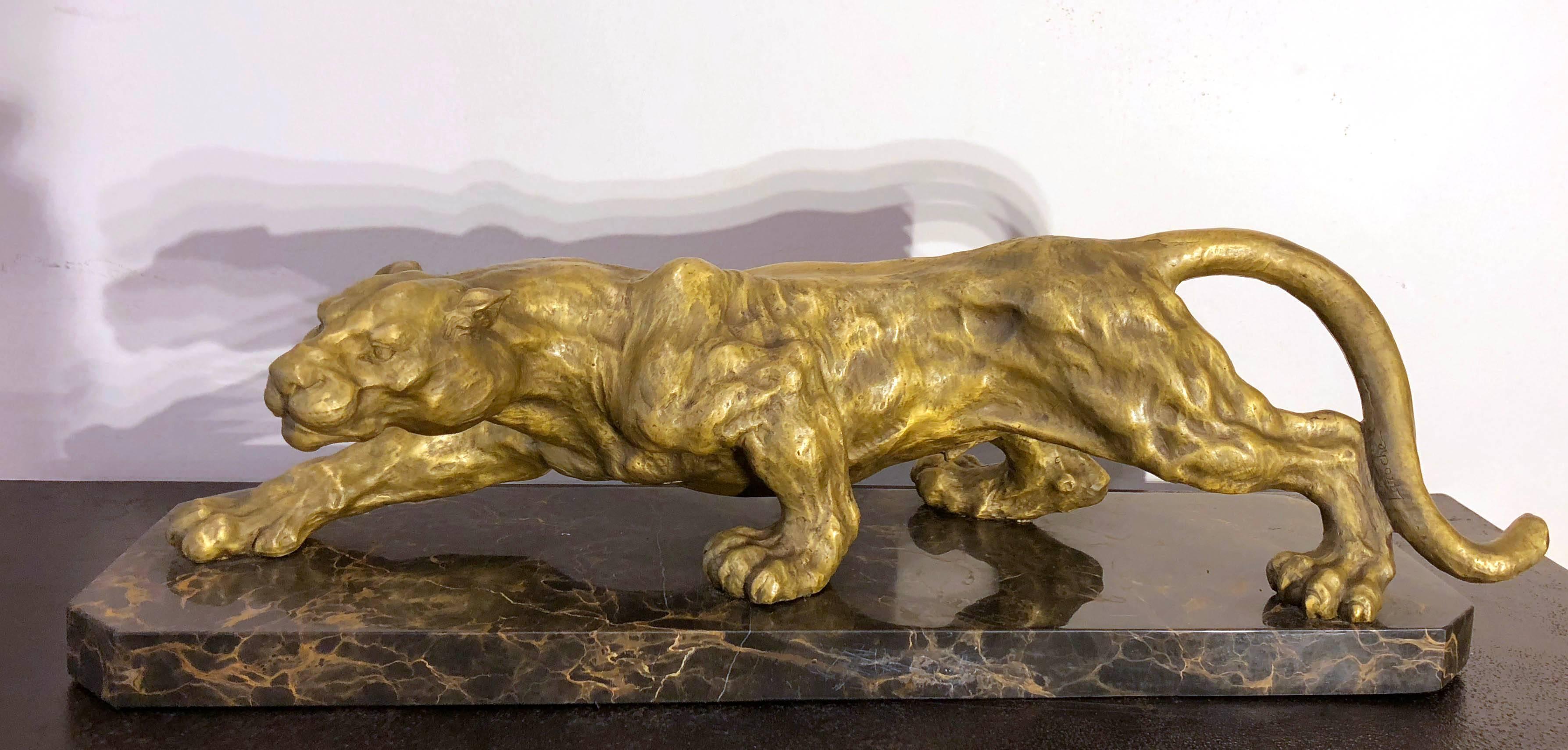 Art Deco Golden Bronze Panther Sculpture on Black and Gold Marble Base 2