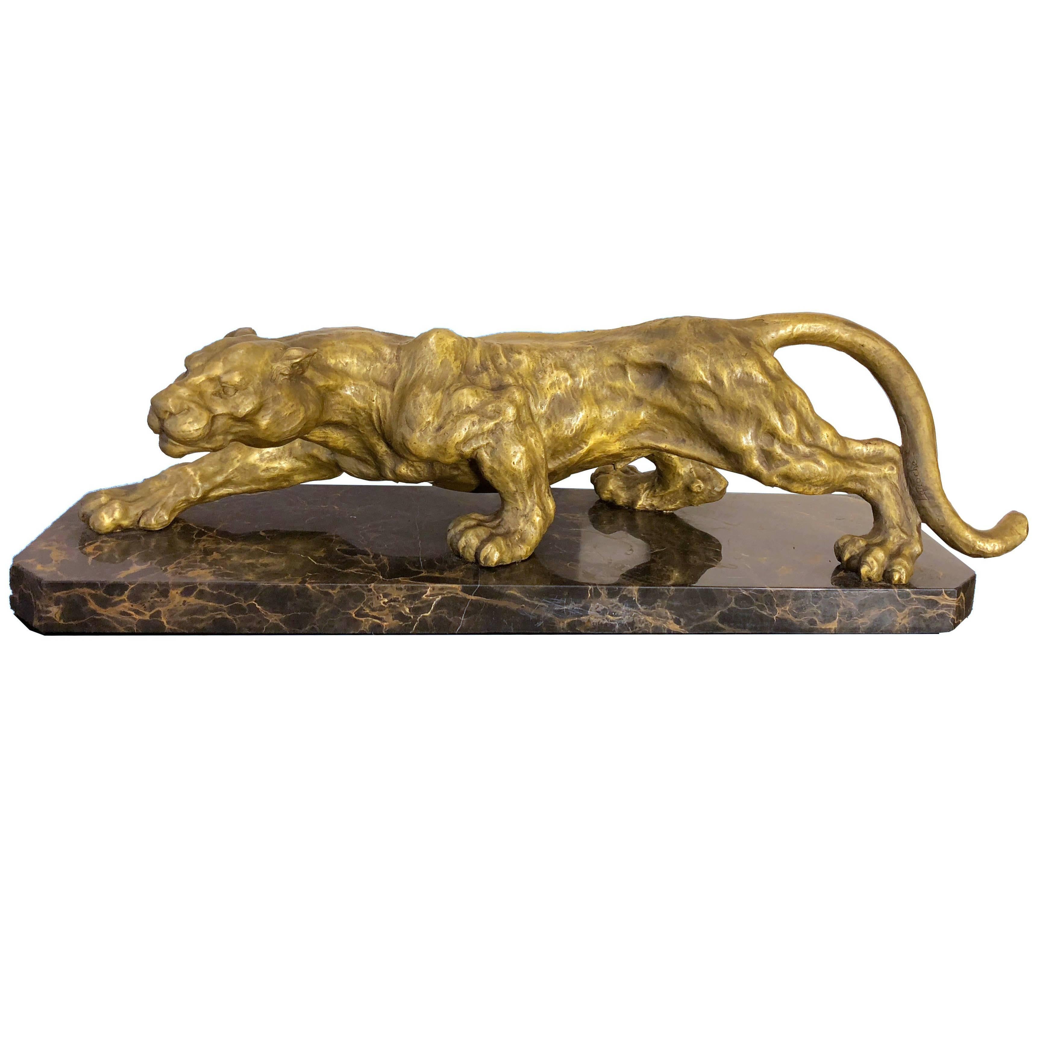 Art Deco Golden Bronze Panther Sculpture on Black and Gold Marble Base