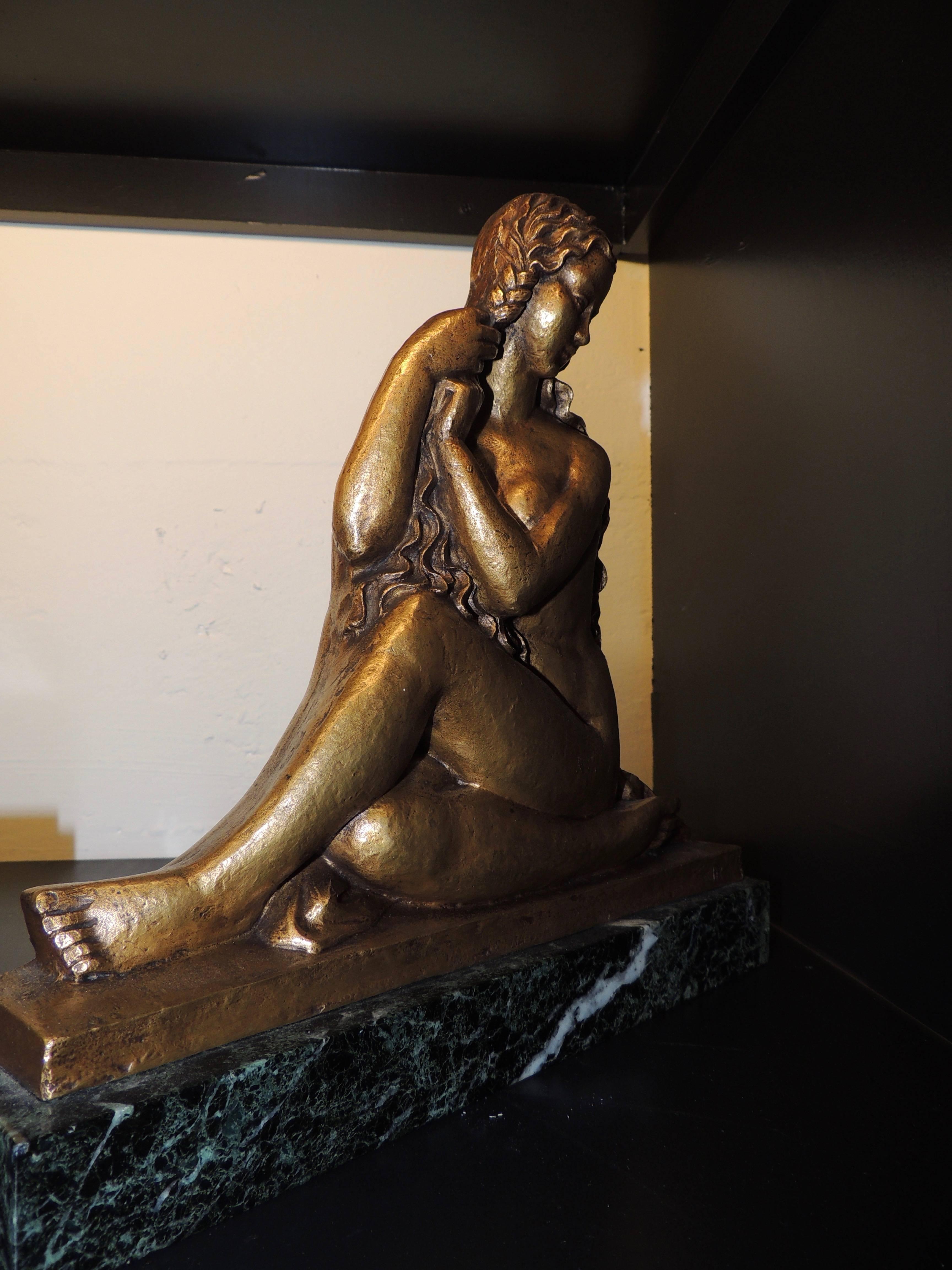 Art Deco Golden Girl in Bronze Sculpture with Stylized Curls Statue In Excellent Condition In Oakland, CA