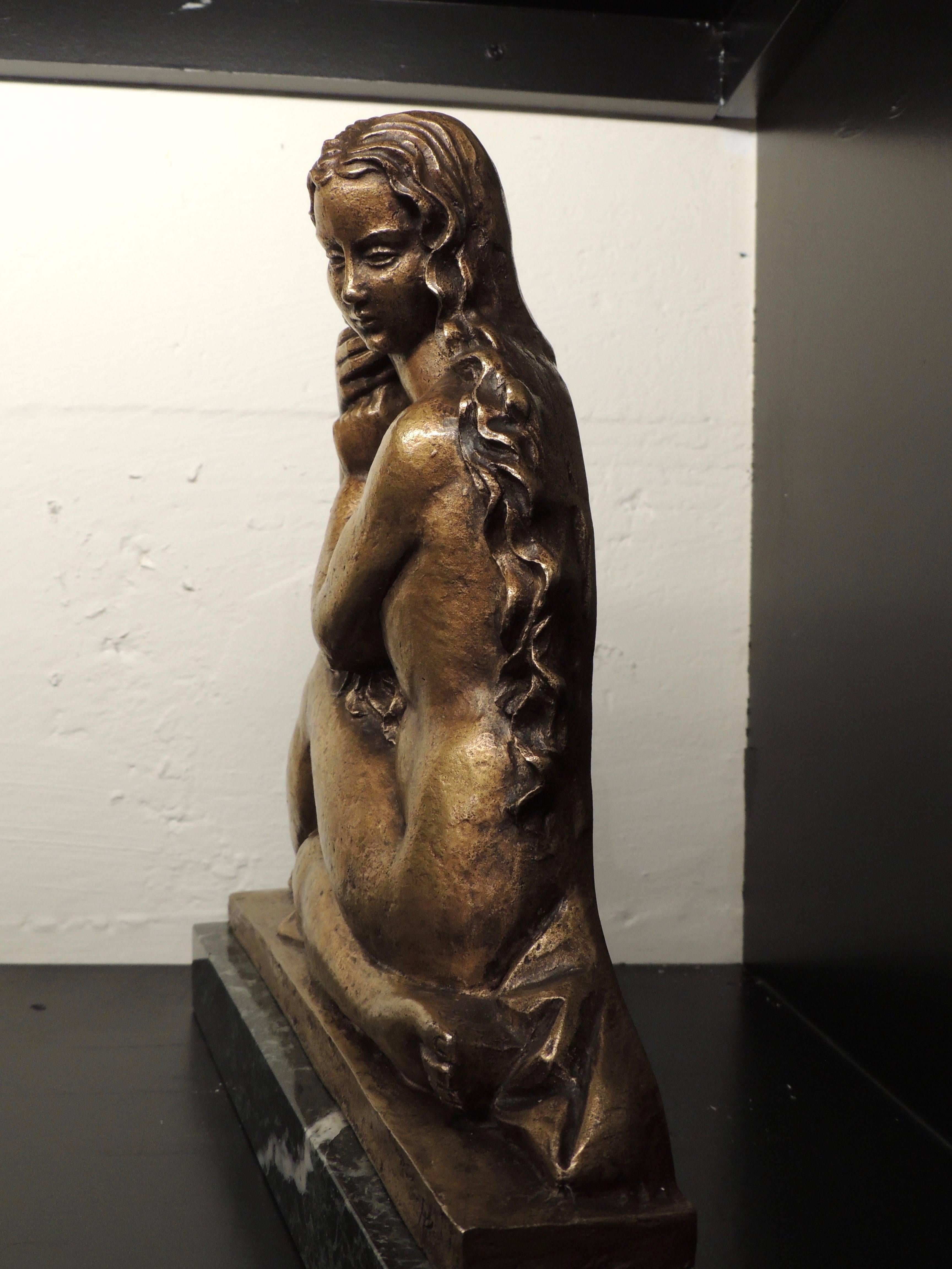 Mid-20th Century Art Deco Golden Girl in Bronze Sculpture with Stylized Curls Statue
