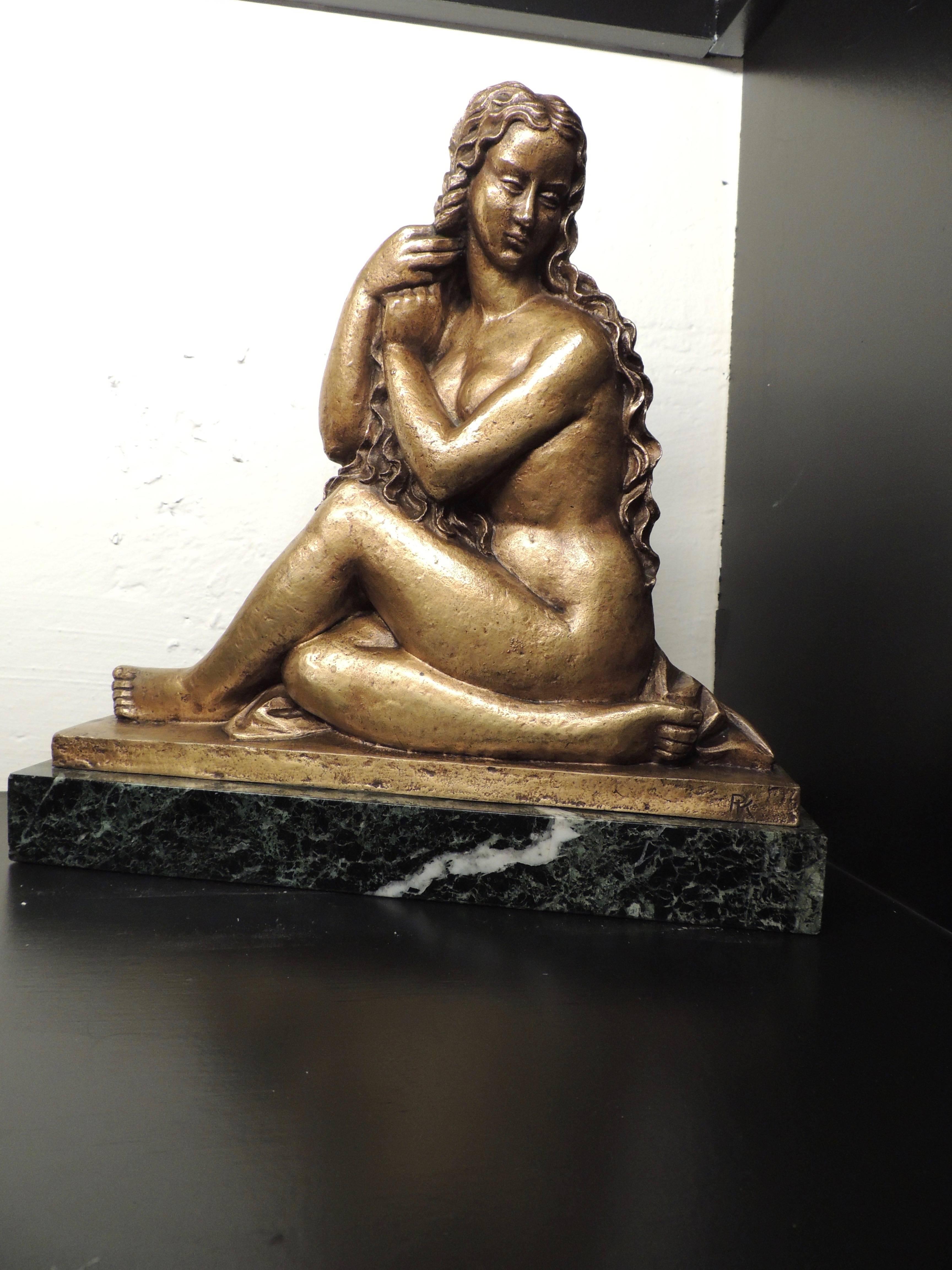 Art Deco Golden Girl in Bronze Sculpture with Stylized Curls Statue 1
