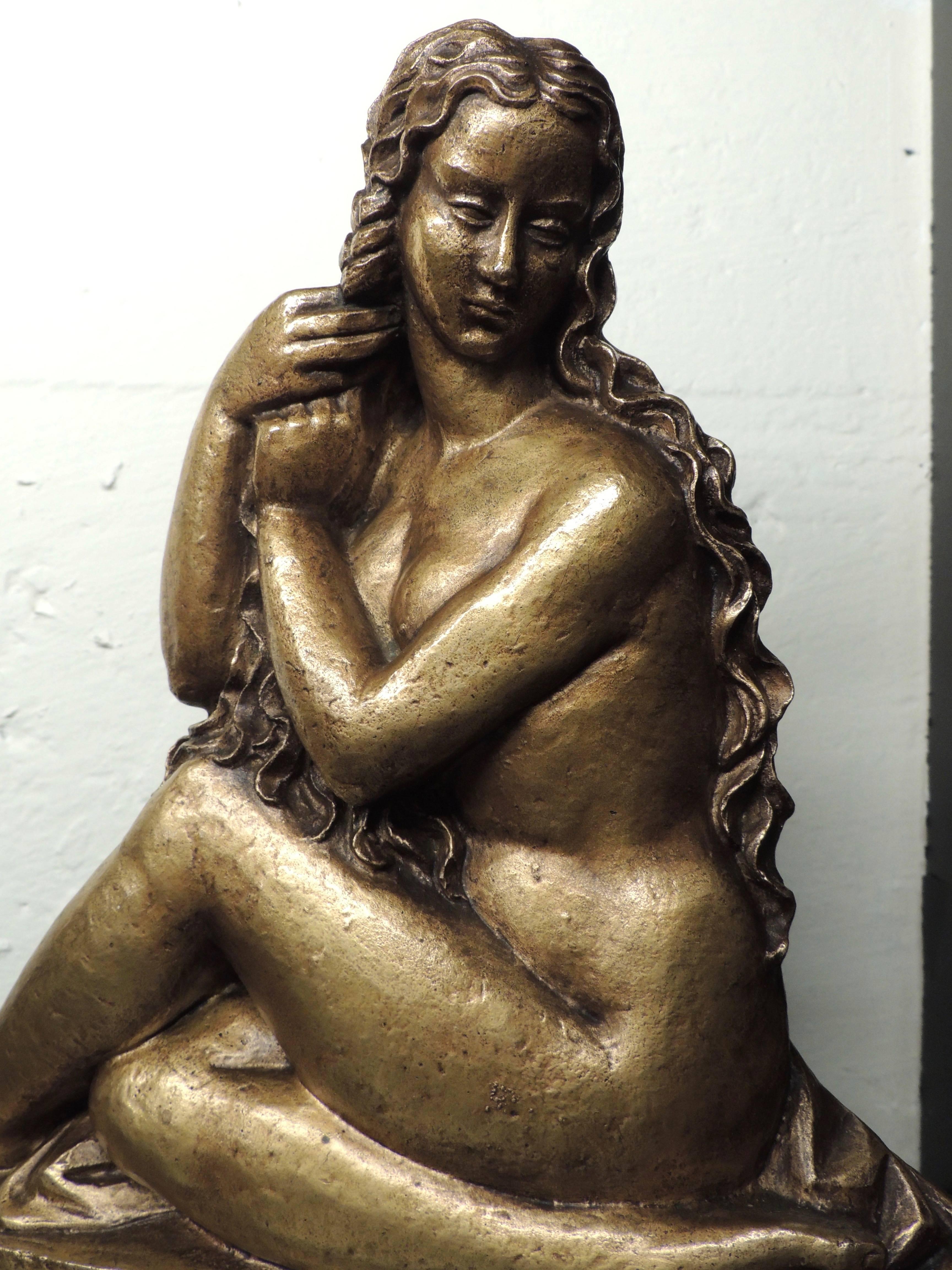 Art Deco Golden Girl in Bronze Sculpture with Stylized Curls Statue 3