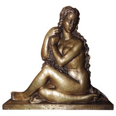 Art Deco Golden Girl in Bronze Sculpture with Stylized Curls Statue