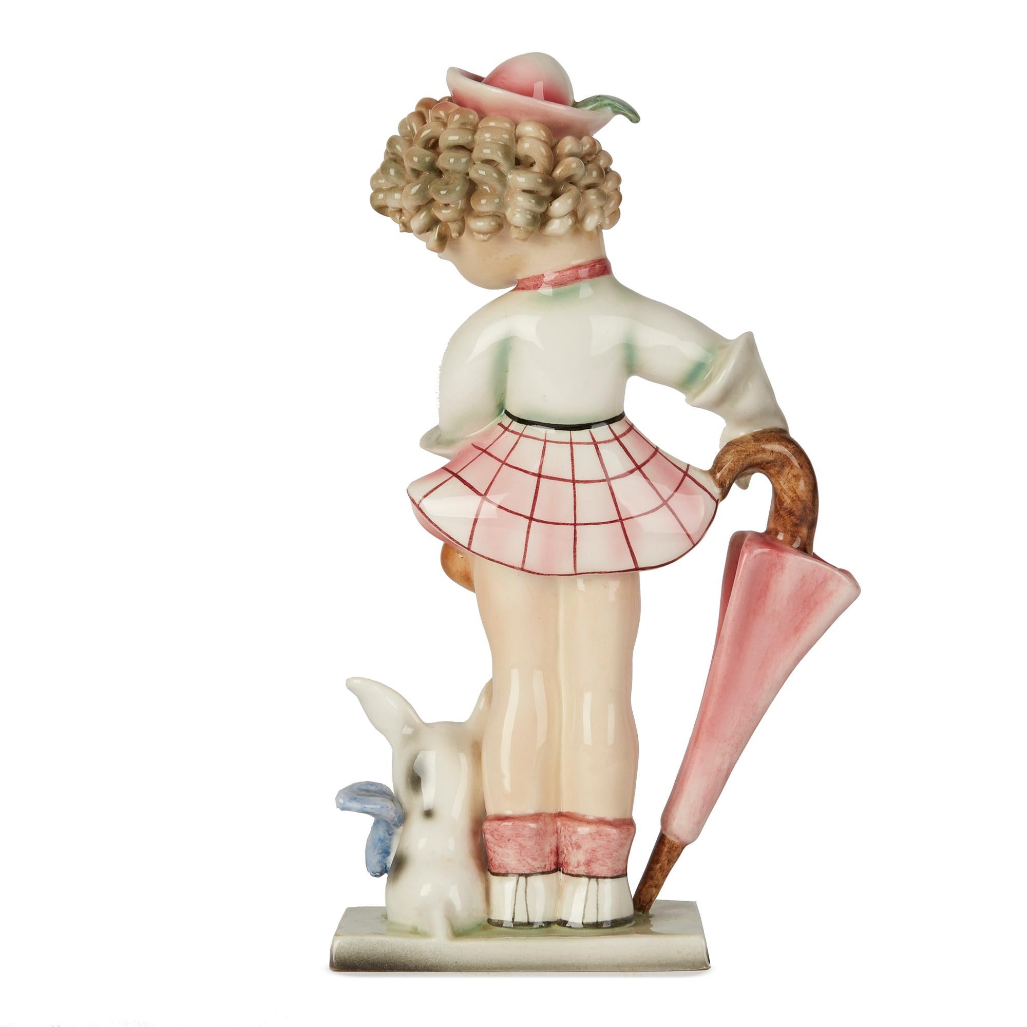 Mid-20th Century Art Deco Goldscheider Wien Girl with Dog Pottery Figure, circa 1930 For Sale