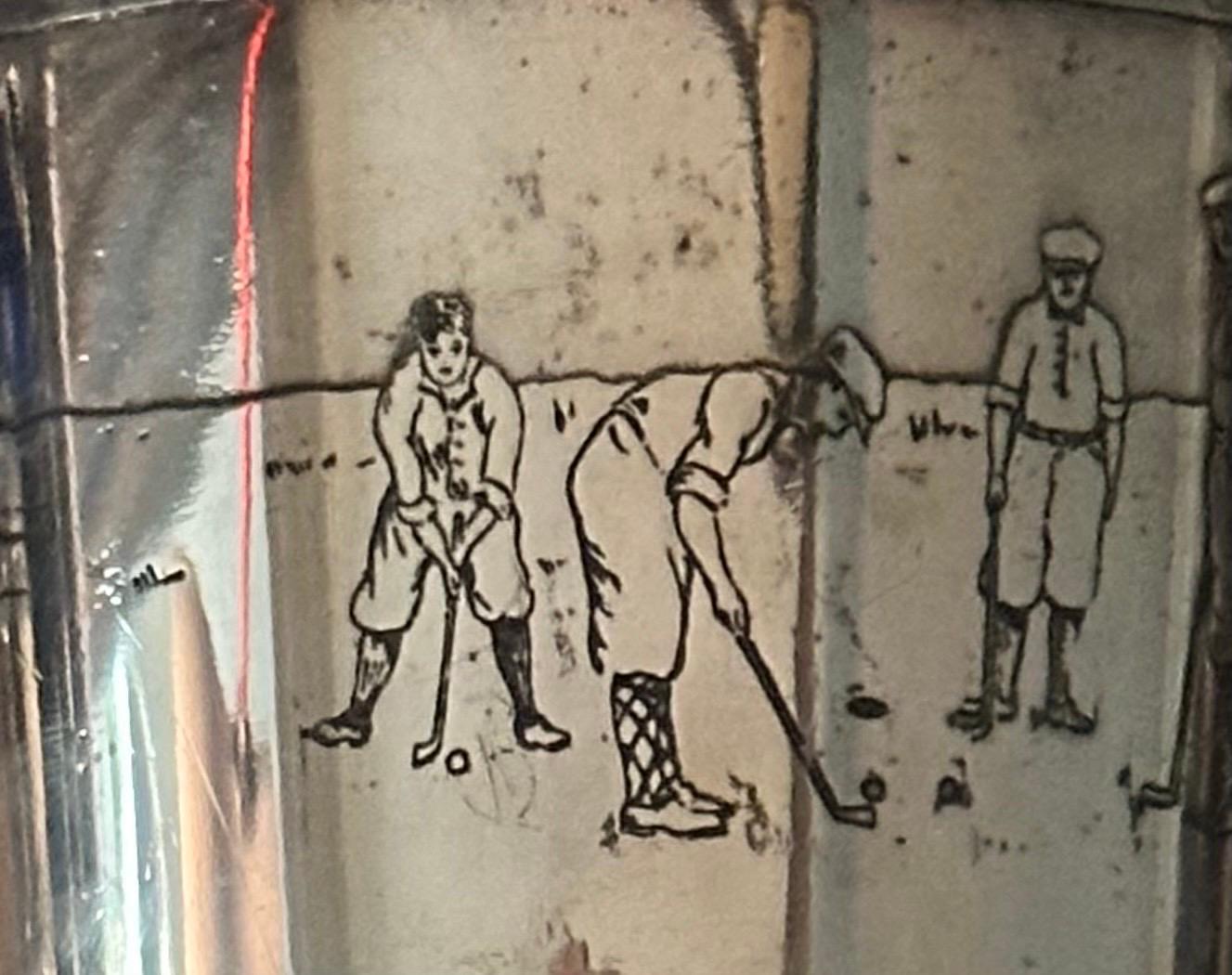 Engraved Art Deco Golf Motif Silver Plate Martini Shaker by Meriden Silver Plate Co. For Sale