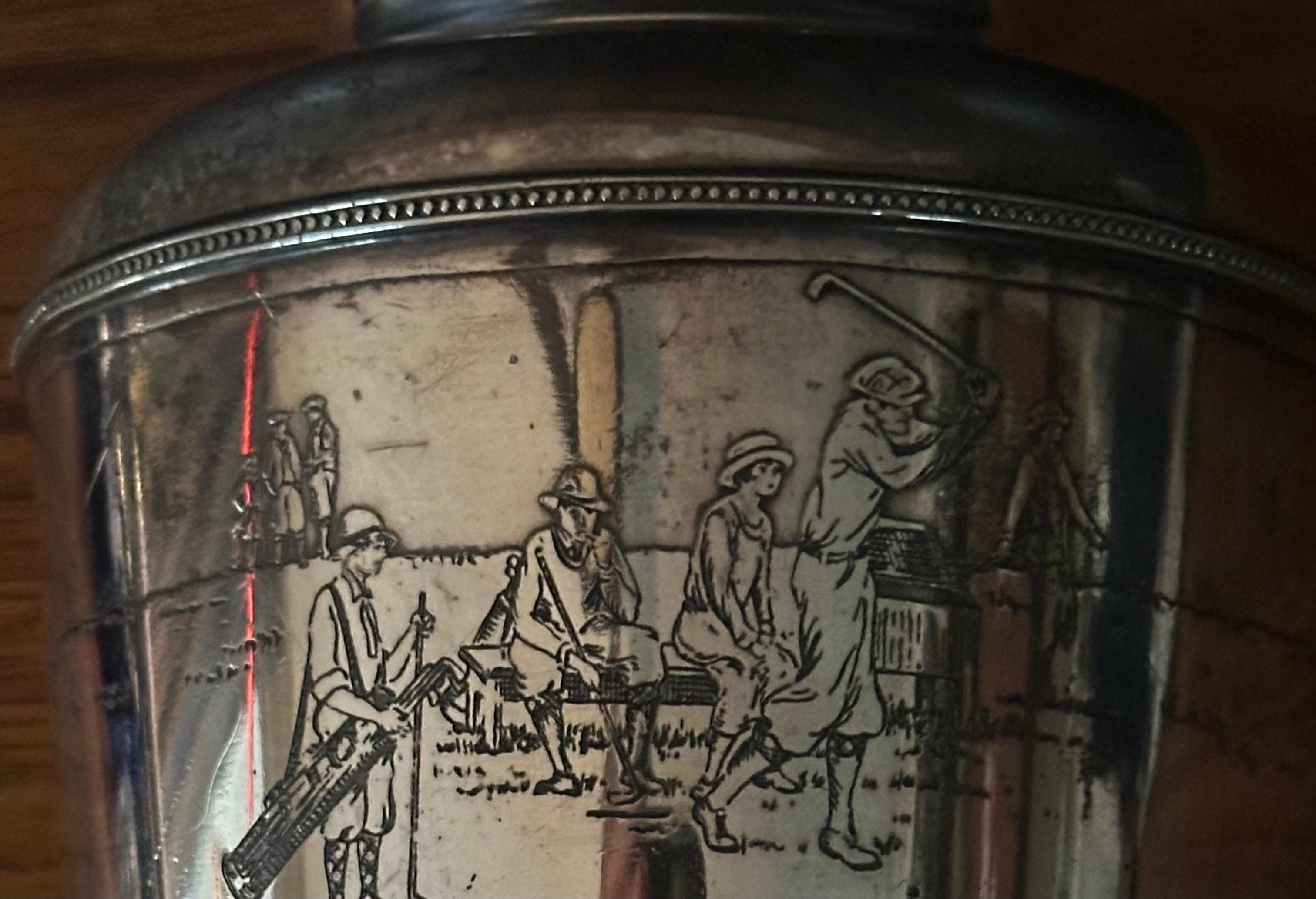 Art Deco Golf Motif Silver Plate Martini Shaker by Meriden Silver Plate Co. In Good Condition For Sale In San Diego, CA