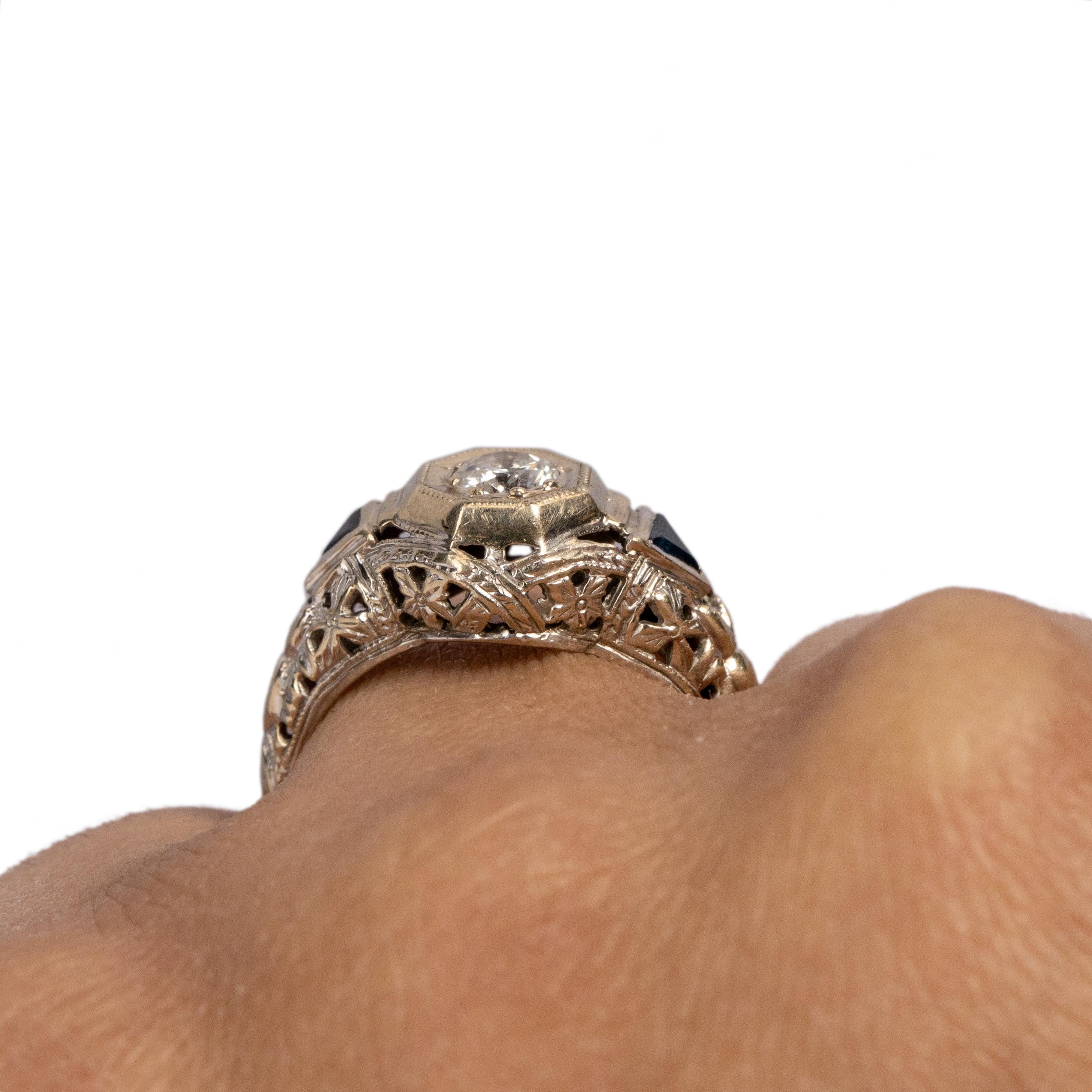 Verlobungsring „Gothic“ mit filigranem Diamant und Saphir im alteuropäischen Schliff im Art déco-Stil 1