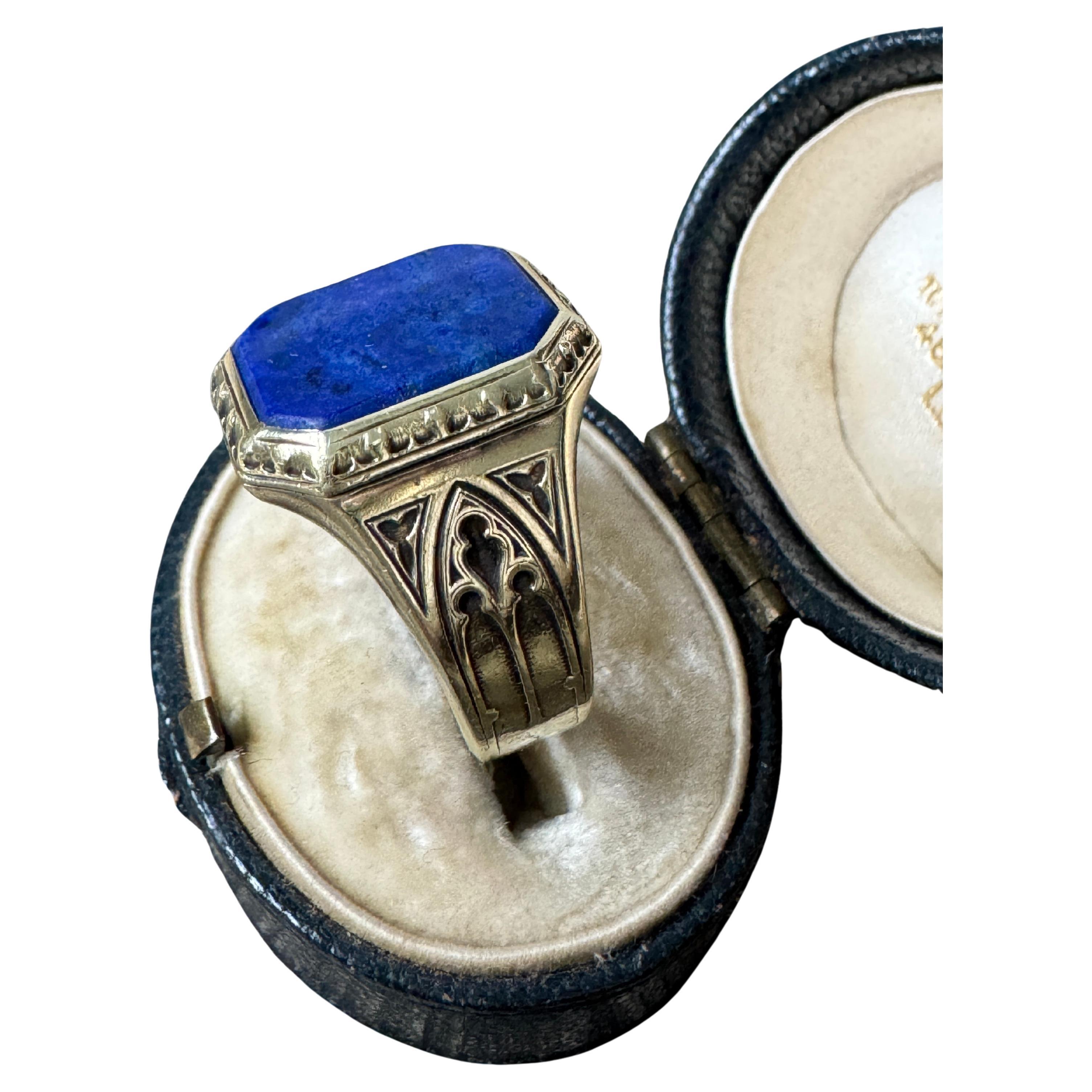 Art Deco Gothic Lapis Signet Ring by Larter and Sons For Sale