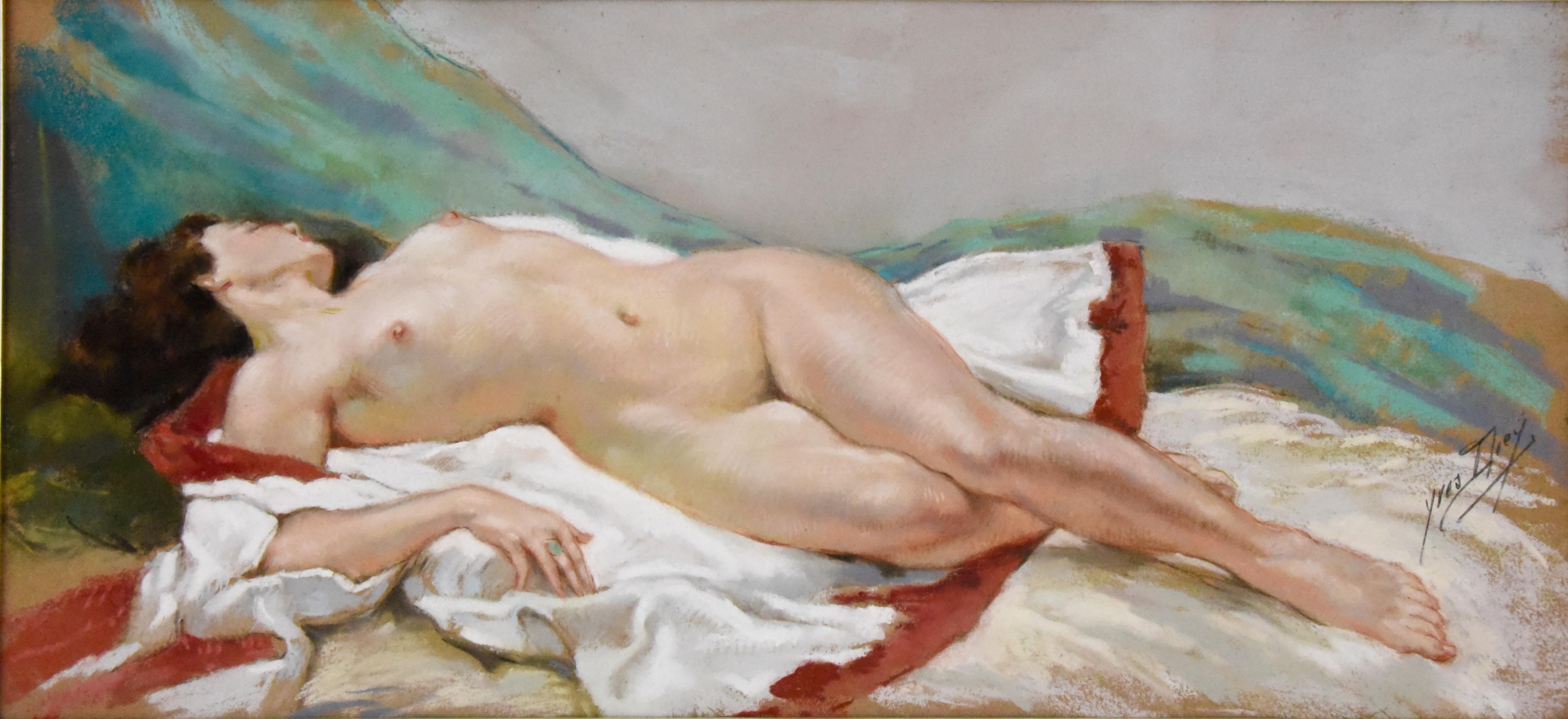 Peinture pastel Art déco d'un nu allongé par Yves Diey, artiste français né en 1982.
Il s'est spécialisé dans la représentation des scènes romantiques et des nus. Il a participé au Salon des Artistes Français dont il était membre.
Il a obtenu une