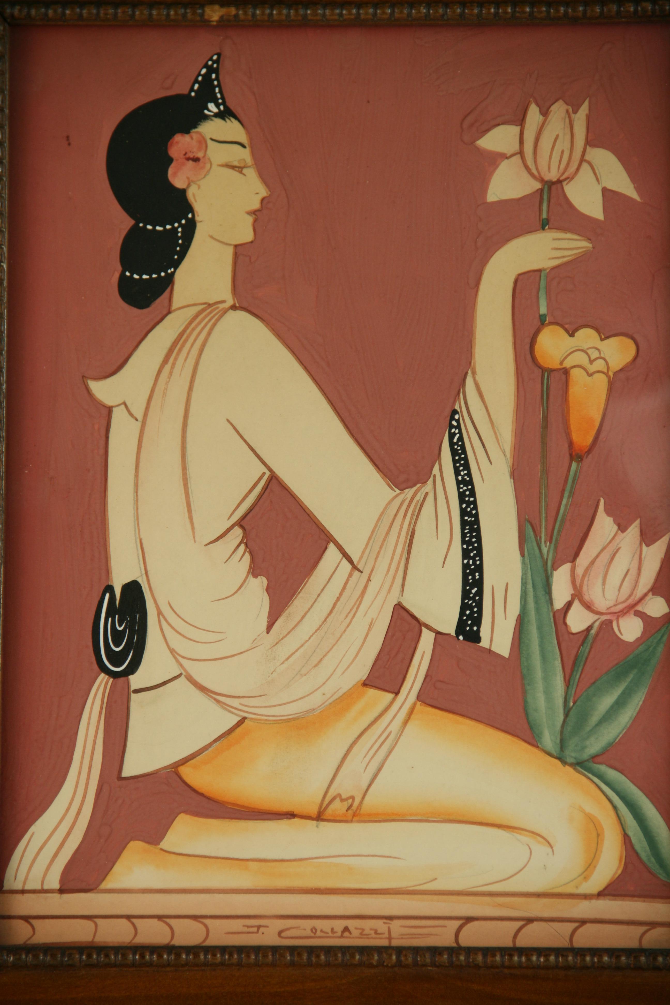 Art Deco Gouache of a Woman with Tulips In Good Condition In Douglas Manor, NY