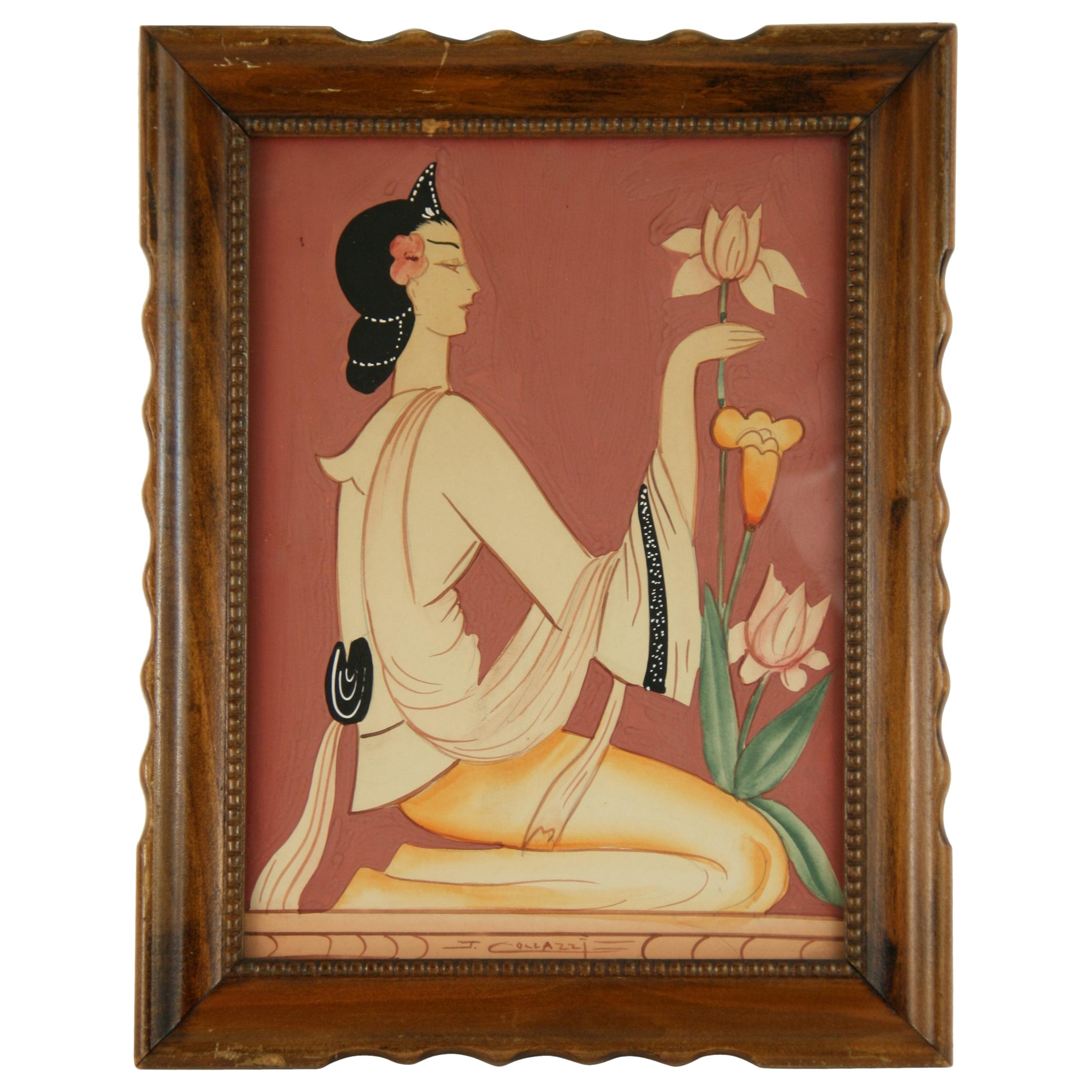 Art Deco Gouache of a Woman with Tulips
