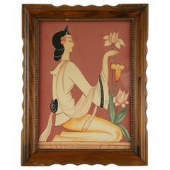 Art Deco Gouache of a Woman with Tulips