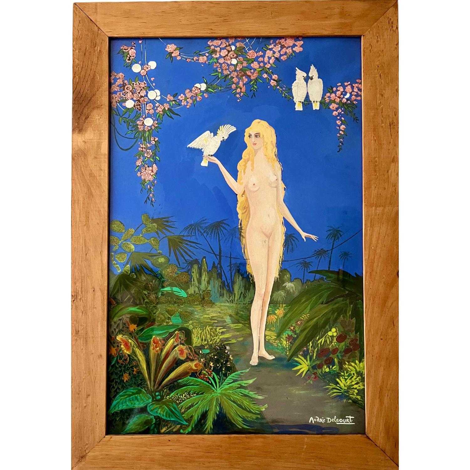 Quadro Art Déco a guazzo con nudo e pappagalli in un paesaggio tropicale firmato da
André Delcourt, André. 
Guazzo e pastello su carta. 
Vetro. Struttura in legno.  Francia 1930.
Dimensioni della cornice: 
H. 72 cm  x L. 50.5 cm. x W. 1.5 cm 
H.