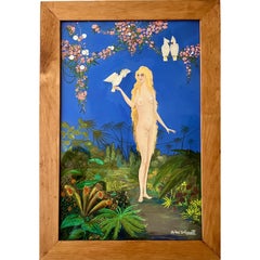 Art Deco gouache painting nude with parrots signed by André Delcourt France 1930