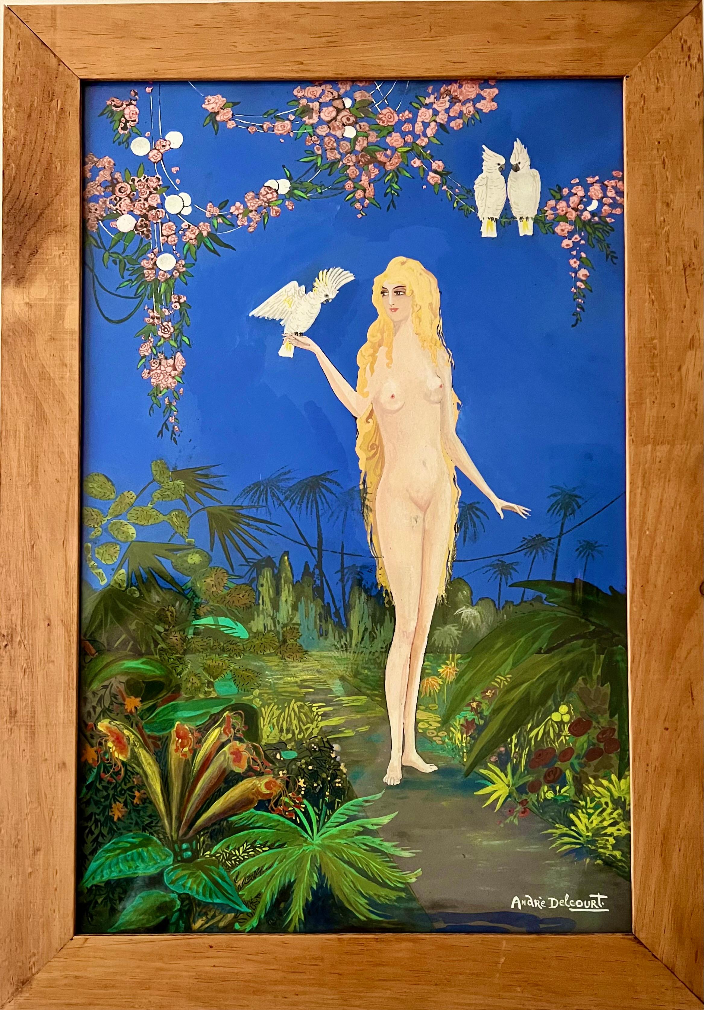 Francese Quadro Art Déco a guazzo con nudo e pappagalli firmato da André Delcourt, André. 1930 in vendita