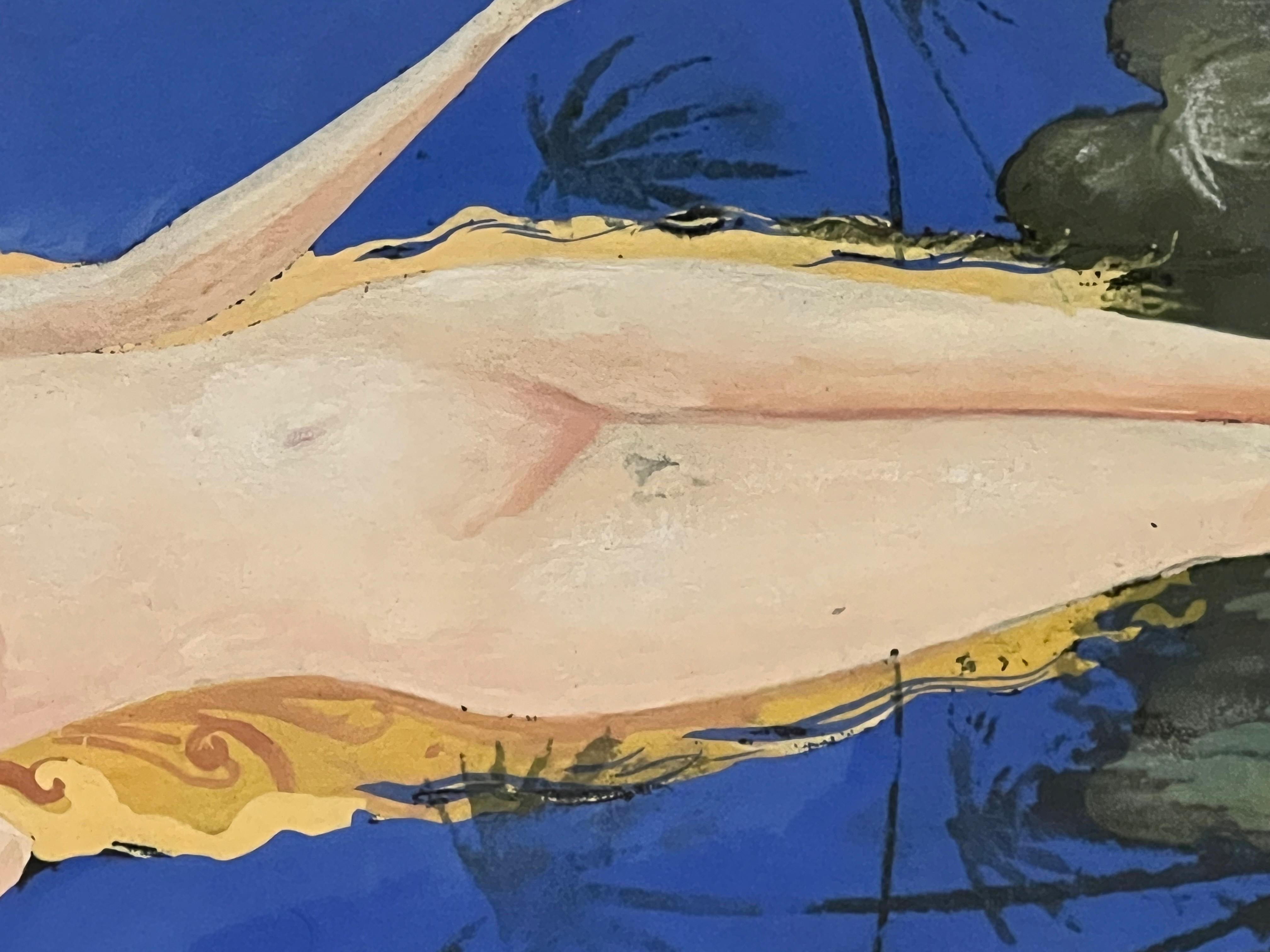 Quadro Art Déco a guazzo con nudo e pappagalli firmato da André Delcourt, André. 1930 In condizioni buone in vendita a Antwerp, BE