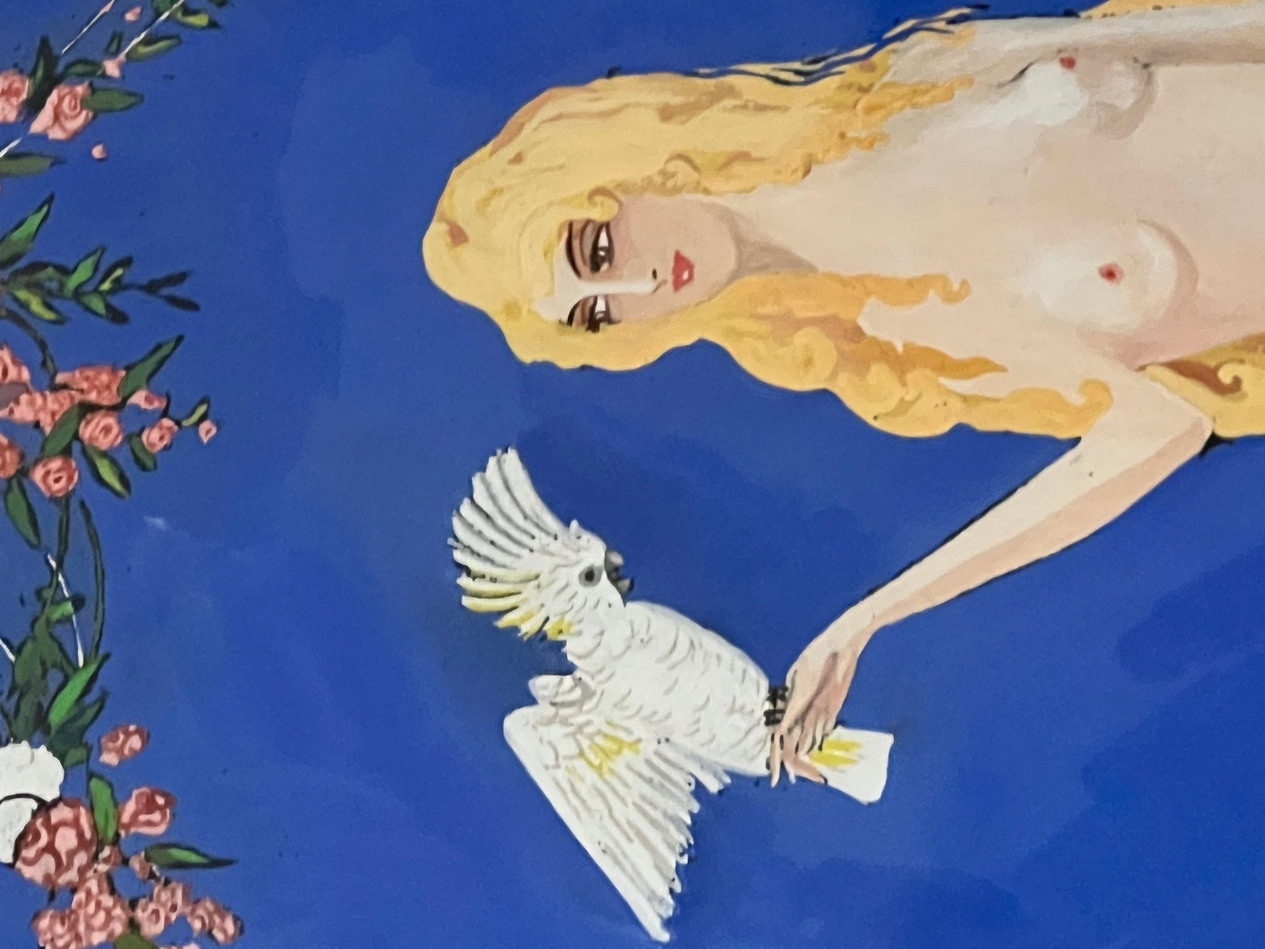 Pittura Quadro Art Déco a guazzo con nudo e pappagalli firmato da André Delcourt, André. 1930 in vendita