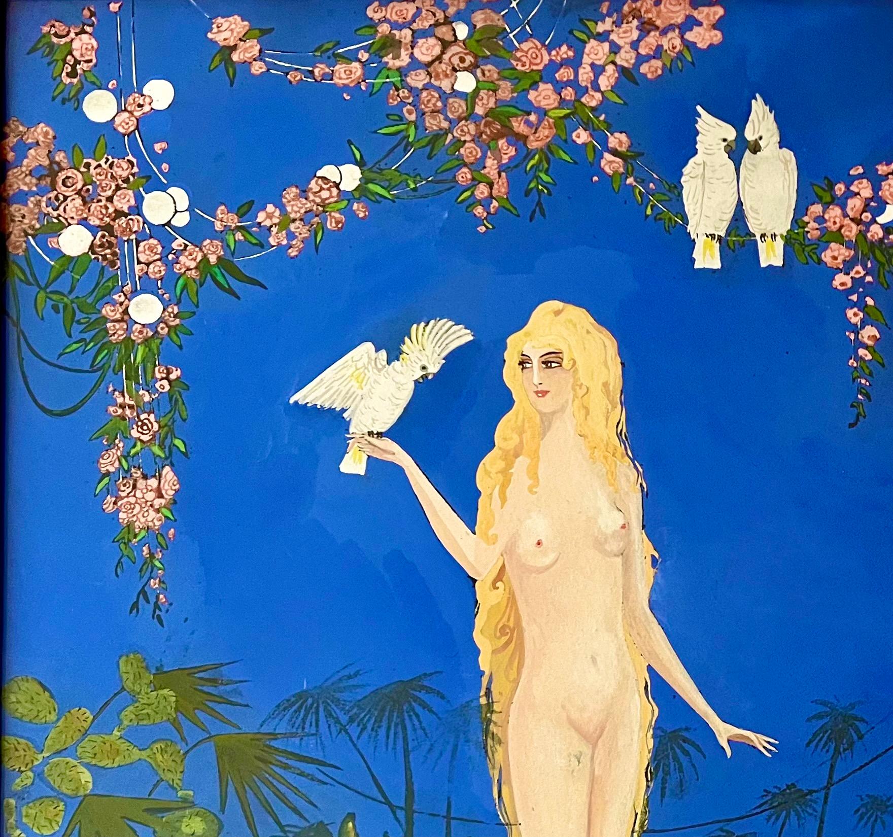Quadro Art Déco a guazzo con nudo e pappagalli firmato da André Delcourt, André. 1930 in vendita 3