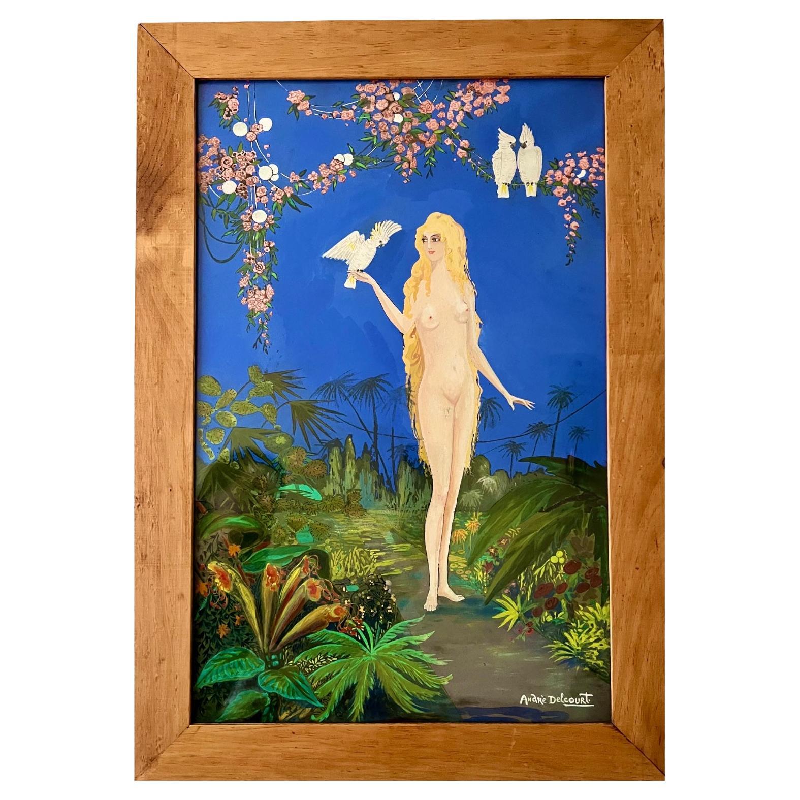 Quadro Art Déco a guazzo con nudo e pappagalli firmato da André Delcourt, André. 1930 in vendita