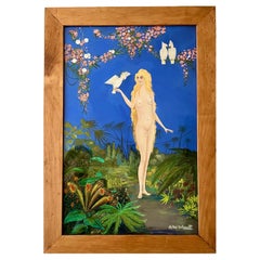 Quadro Art Déco a guazzo con nudo e pappagalli firmato da André Delcourt, André. 1930