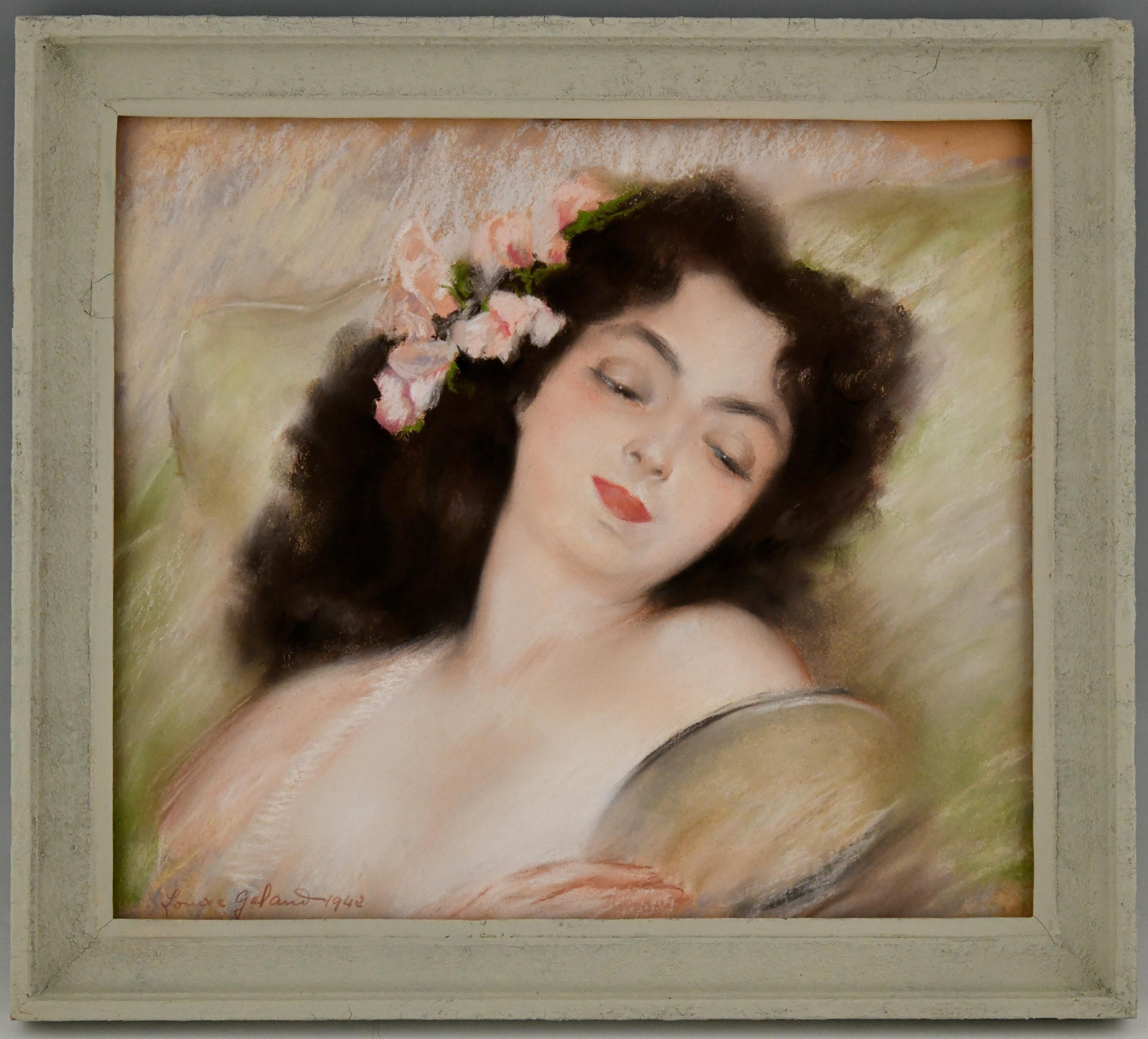 Art Deco gouache painting woman with mirror signed by Louise Galand-Legendre. 
Dated 1942. Gouache and pastel on board with original frame. 
France.
Louise Galand-Legendre
France, 1876-1955.