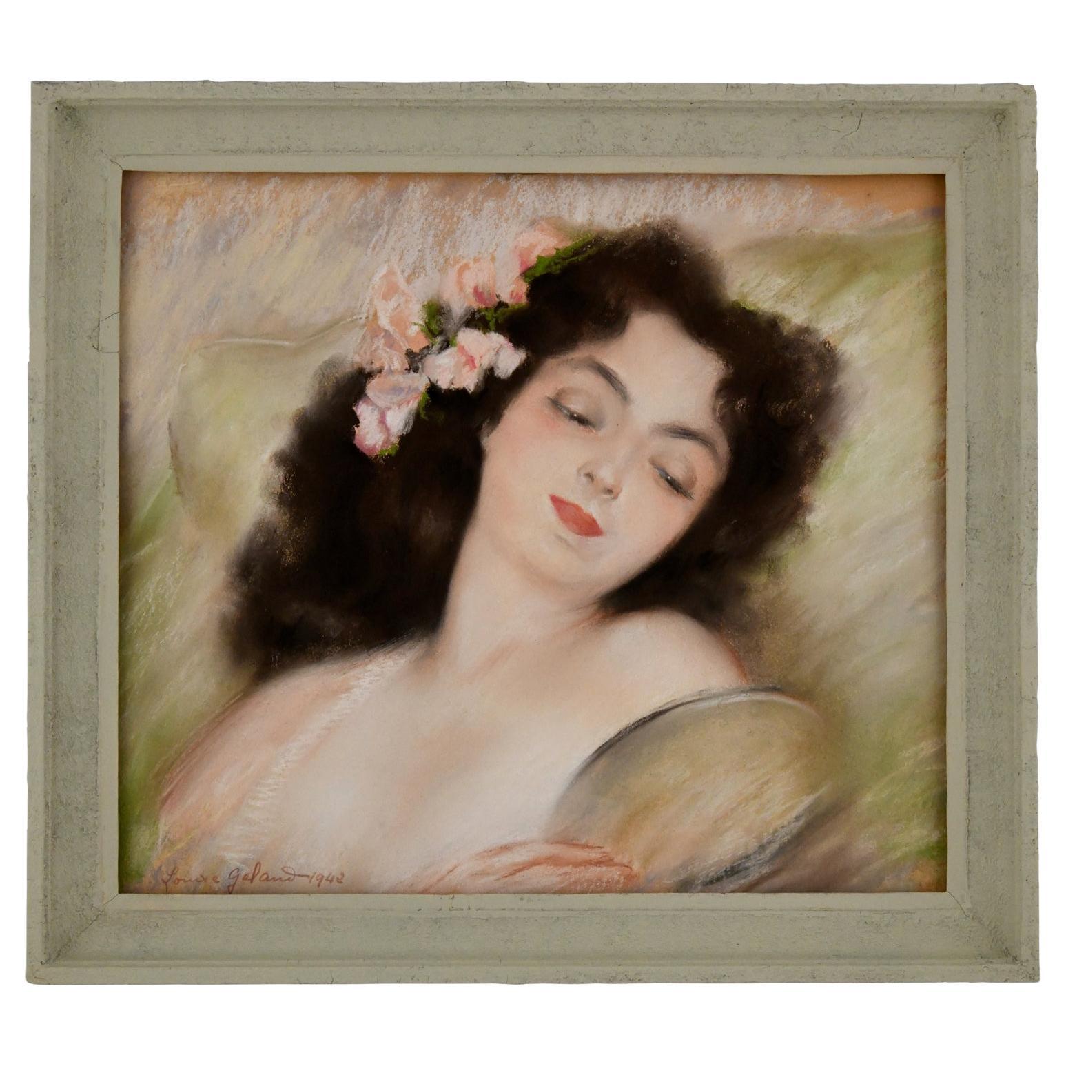 Peinture Art Déco - Femme à la gouache et miroir par Louise Galand-Legendre, 1942 en vente